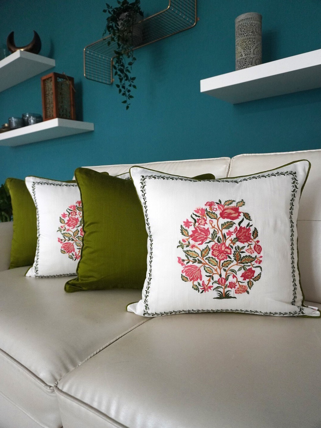 

TARA- Sparkling Homes Embroidered Cushion Covers White & Green Set of 4 Cushion Covers