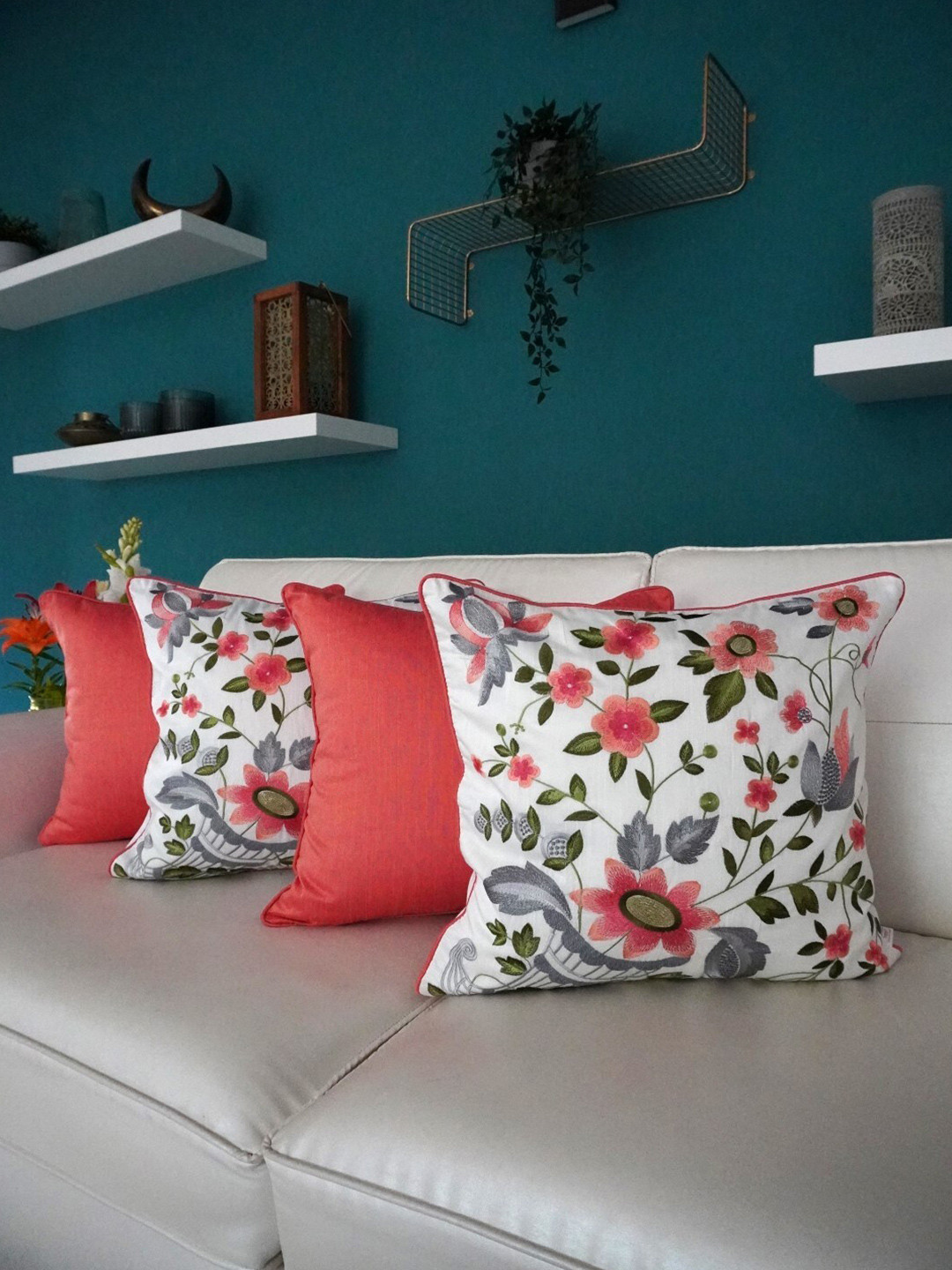 

TARA- Sparkling Homes Embroidered Cushion Covers White & Peach Set of 4 Cushion Covers