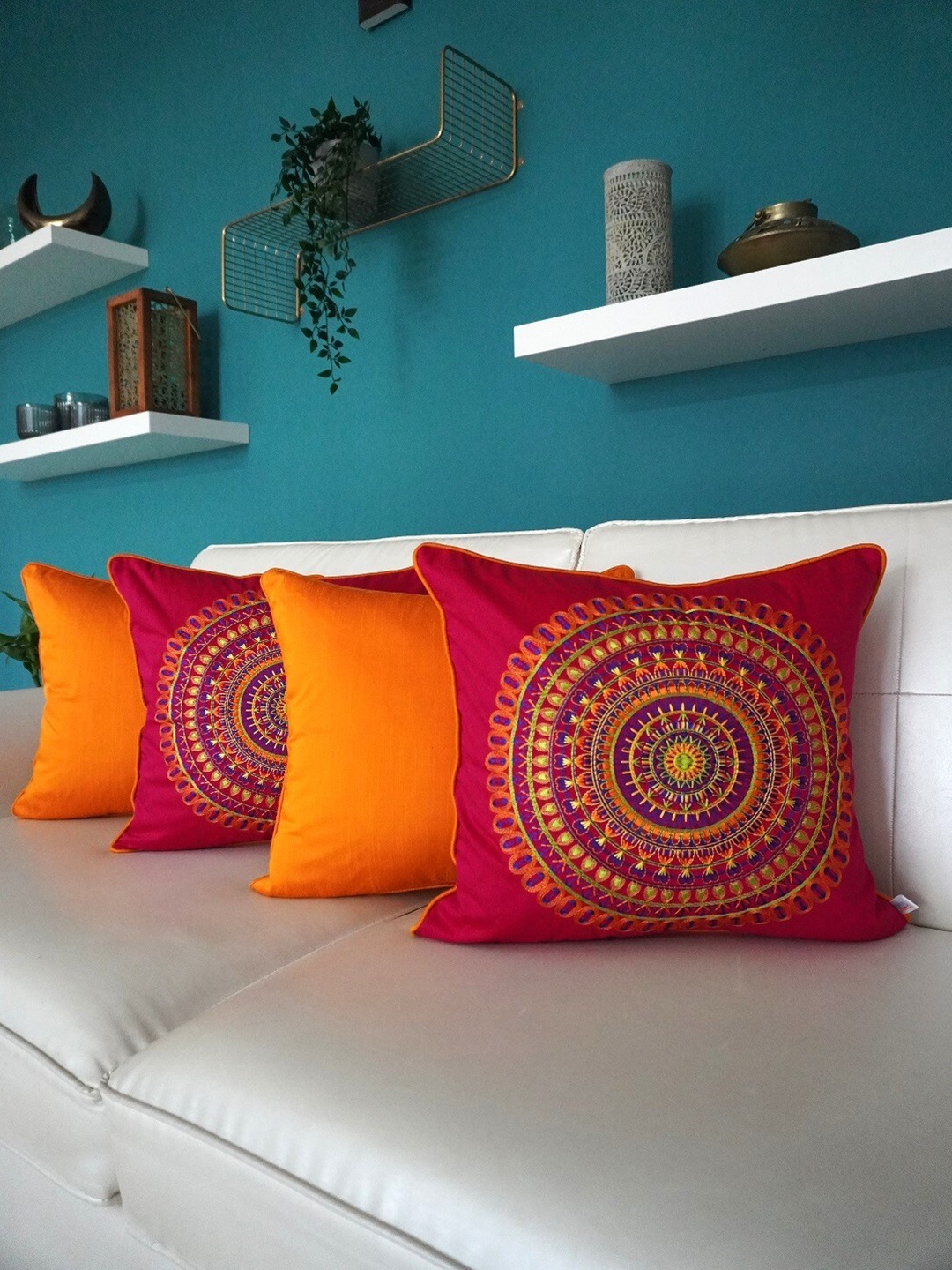 

TARA- Sparkling Homes Embroidered Cushion Covers Pink & Orange Set of 4 Cushion Covers
