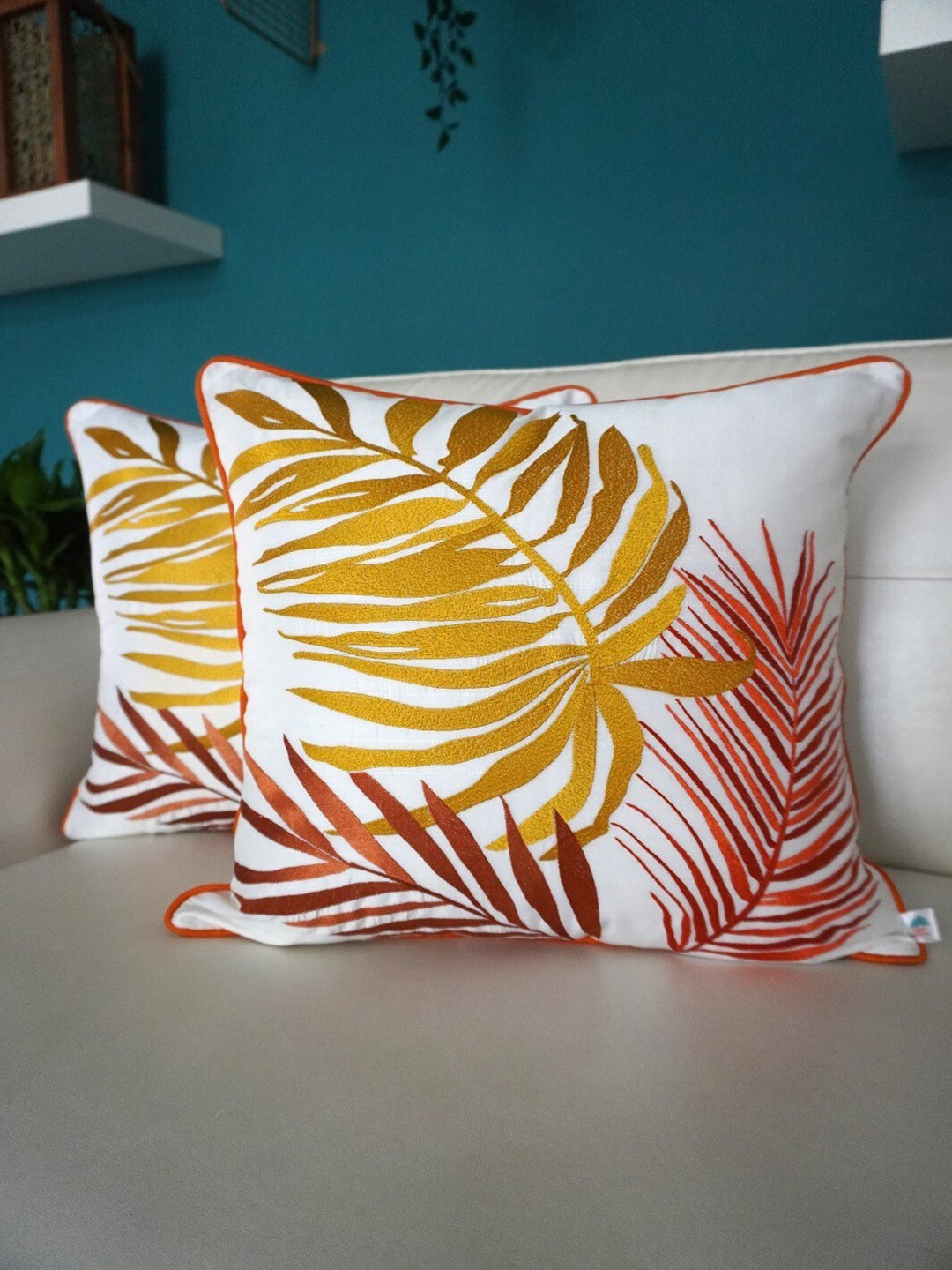 

TARA- Sparkling Homes White & Mustard Set of 2 Floral Square Cushion Covers
