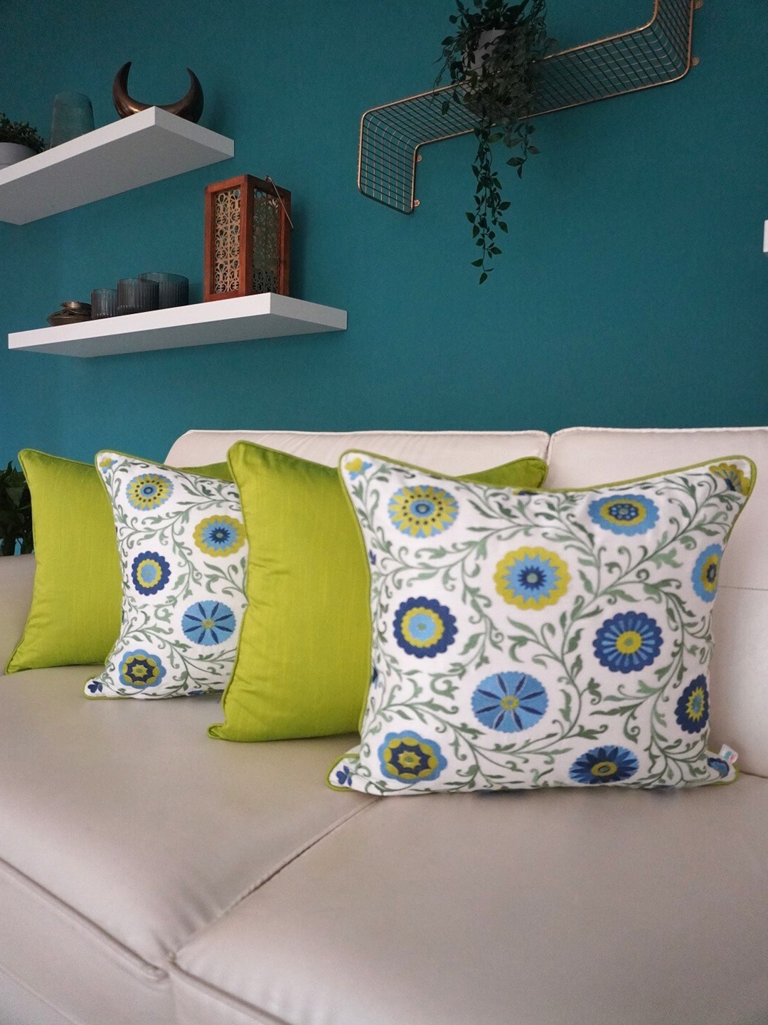

TARA- Sparkling Homes White & Lime Green Set of 4 Floral Square Cushion Covers