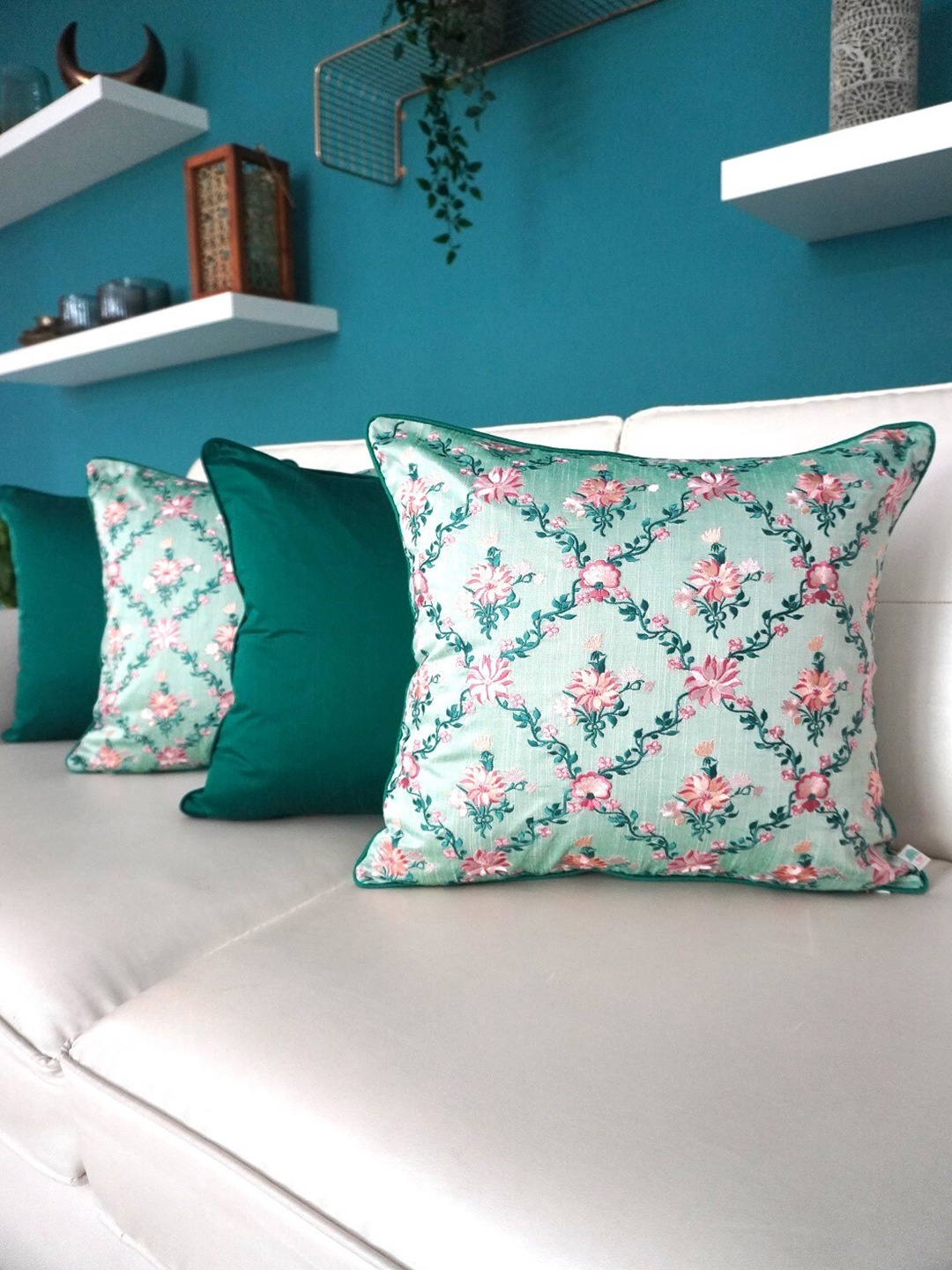 

TARA- Sparkling Homes Green & Pink Set of 4 Floral Square Cushion Covers