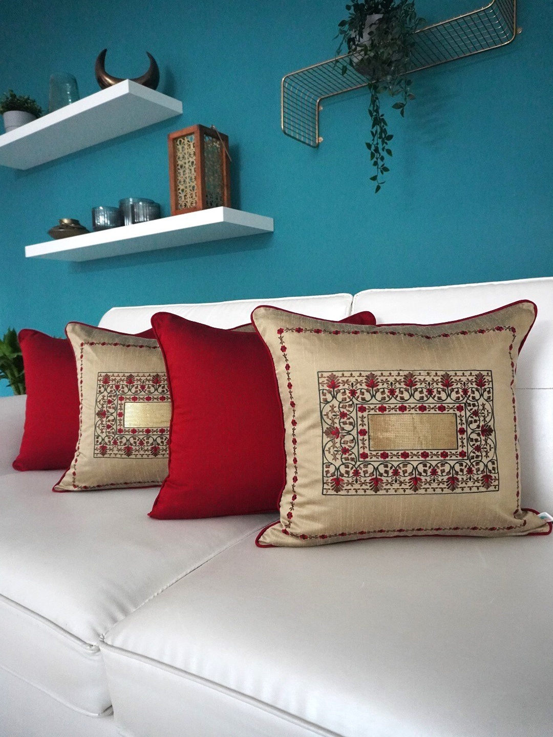 

TARA- Sparkling Homes Gold-Toned & Grey Set of 4 Floral Square Cushion Covers