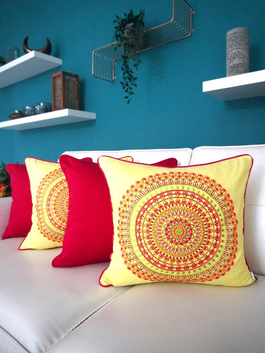 

TARA- Sparkling Homes Embroidered Cushion Covers Yellow & Red Set of 4 Cushion Covers
