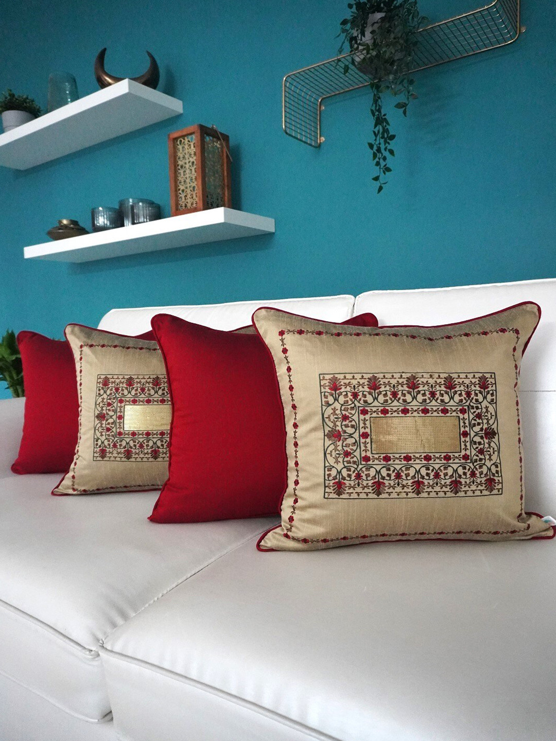 

TARA- Sparkling Homes Gold-Toned & Red Set of 4 Floral Square Cushion Covers
