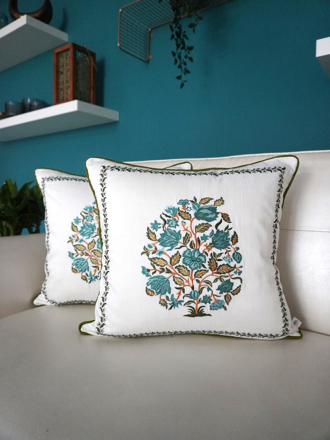 

TARA- Sparkling Homes White & Blue Set of 2 Floral Square Cushion Covers