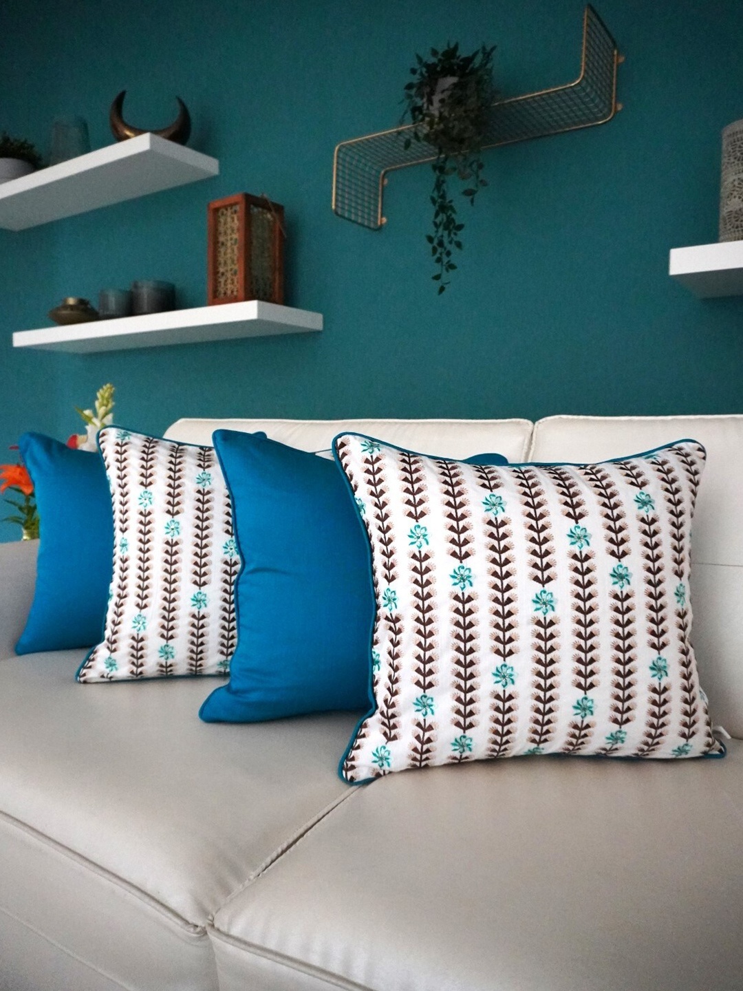 

TARA- Sparkling Homes White & Blue Set of 4 Floral Square Cushion Covers