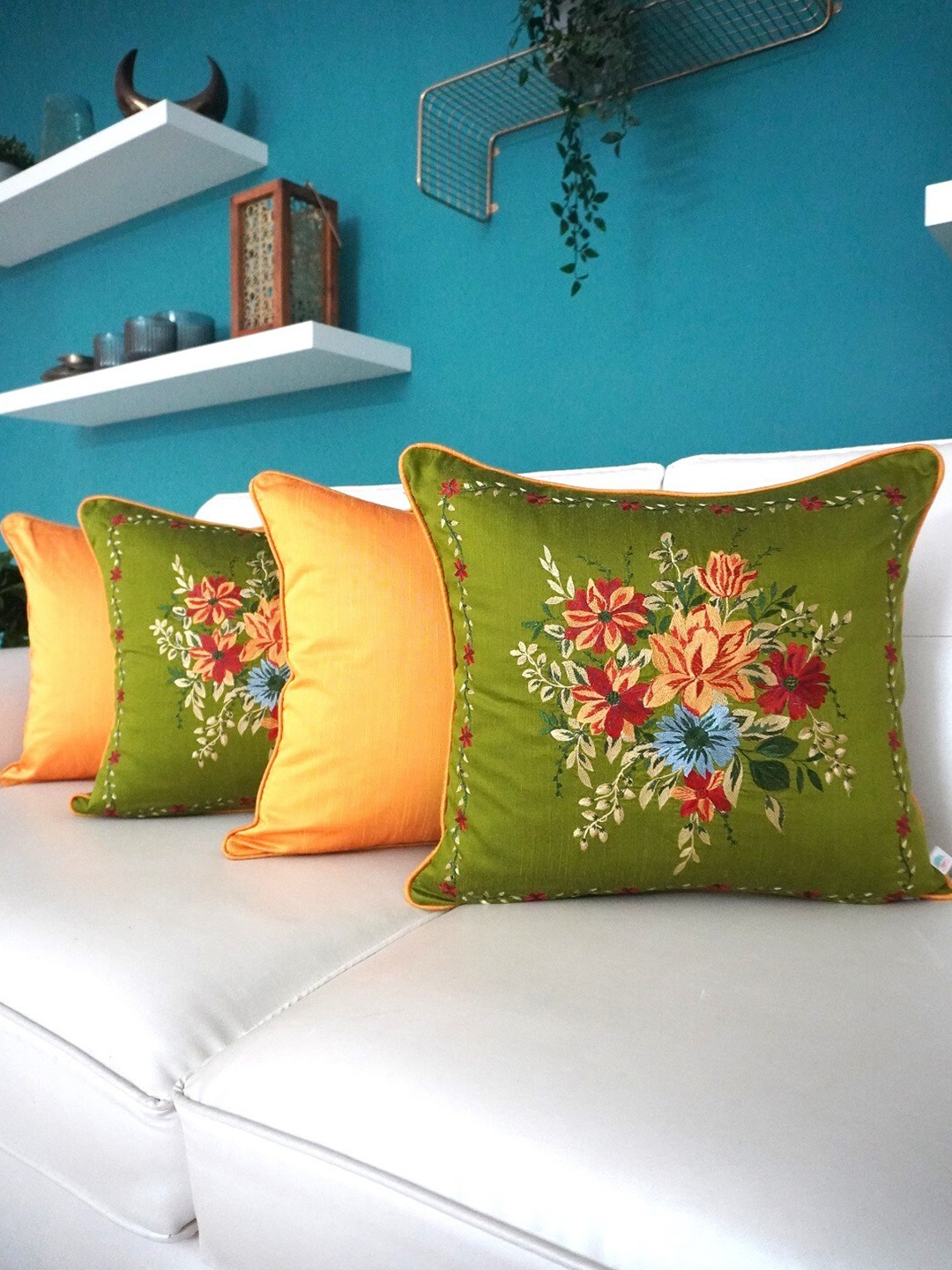 

TARA- Sparkling Homes Embroidered Cushion Covers Green & White Set of 4 Cushion Covers