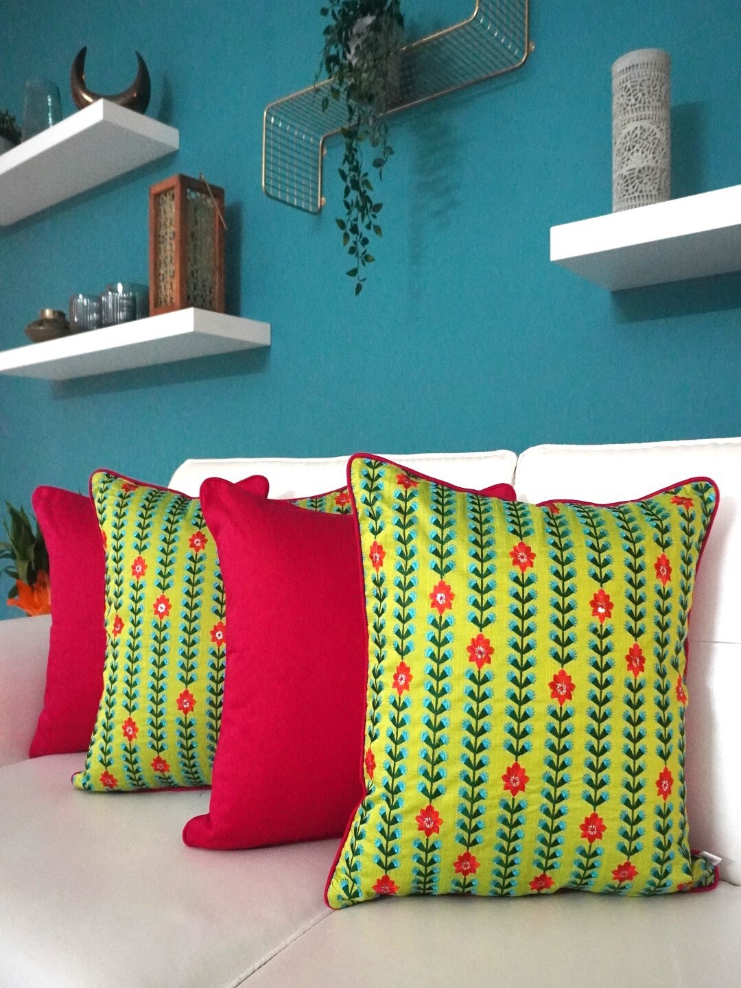 

TARA- Sparkling Homes Green & Blue Set of 4 Floral Square Cushion Covers