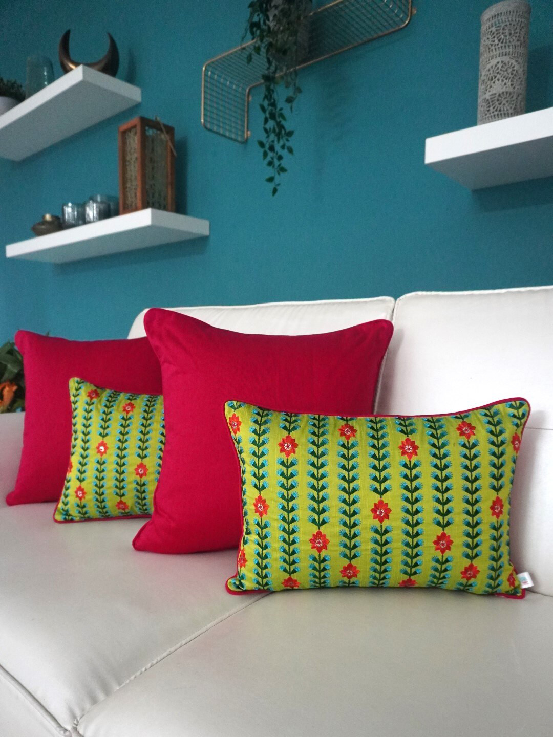 

TARA- Sparkling Homes Green & Pink Set of 4 Floral Rectangle Cushion Covers