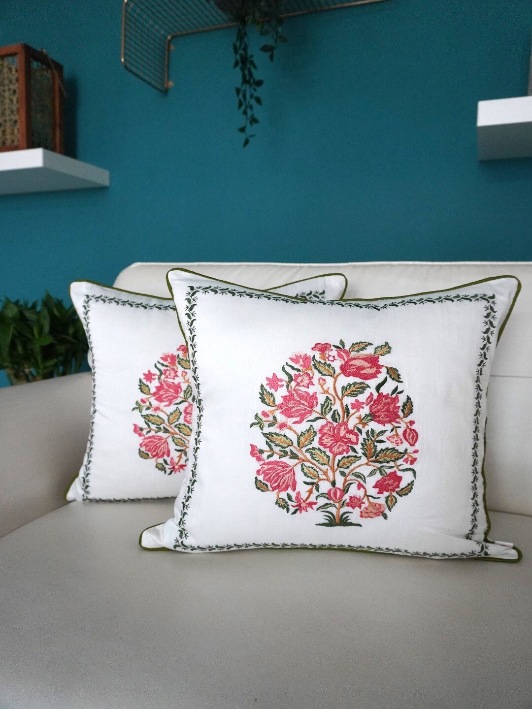 

TARA- Sparkling Homes Pink & White Set of 2 Floral Square Cushion Covers