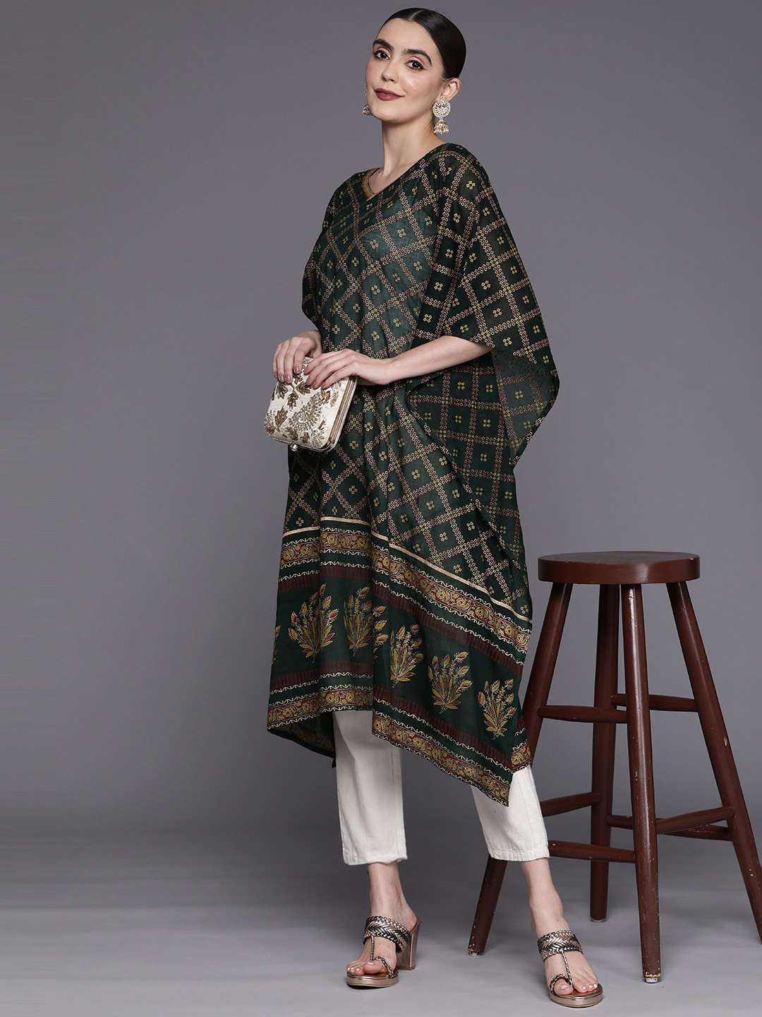 Indo Era Women Ethnic Motifs Printed Gotta Patti Kaftan Kurta, Green