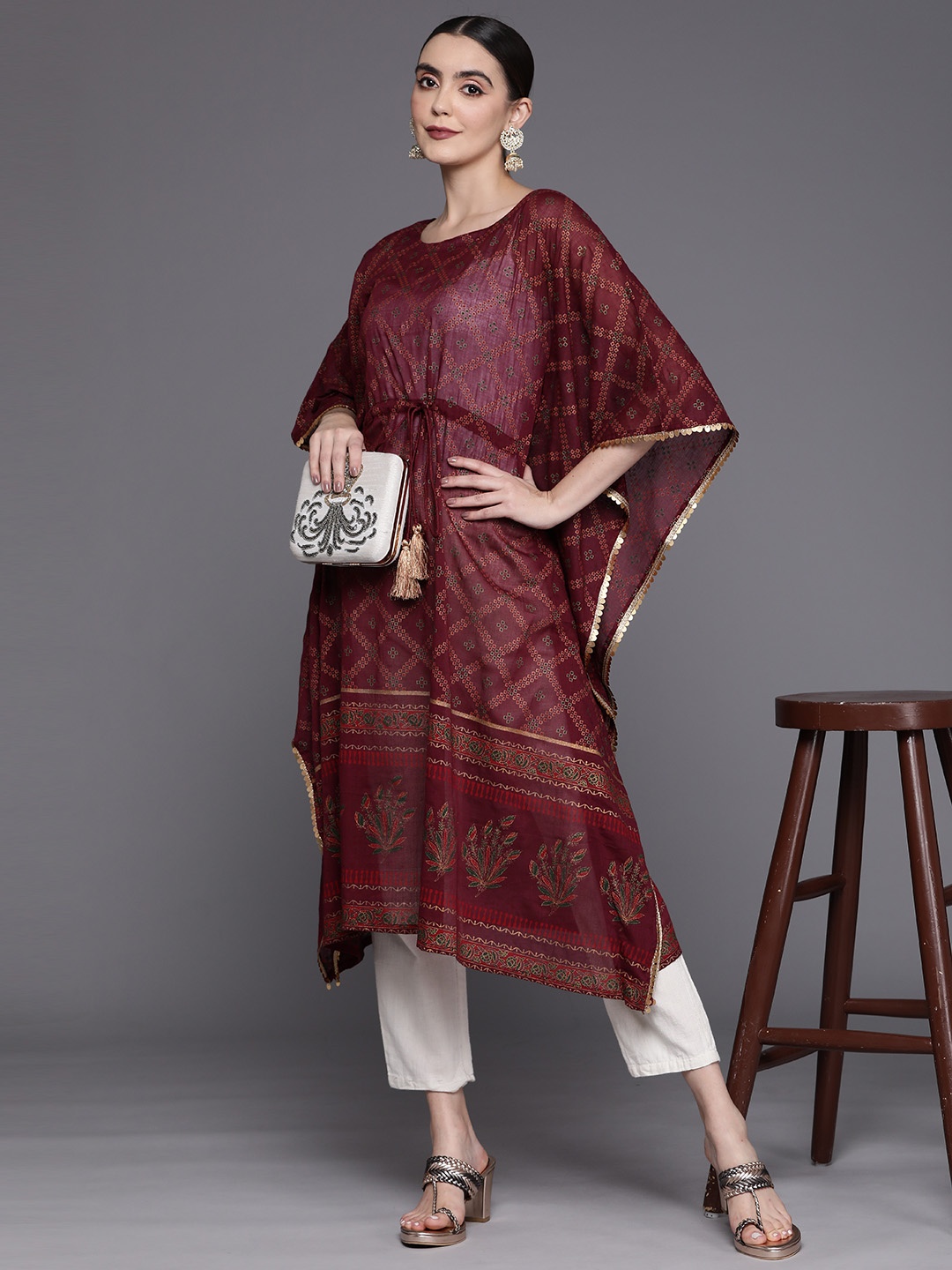 

Indo Era Women Ethnic Motifs Printed Belted Detail Kaftan Kurta, Burgundy