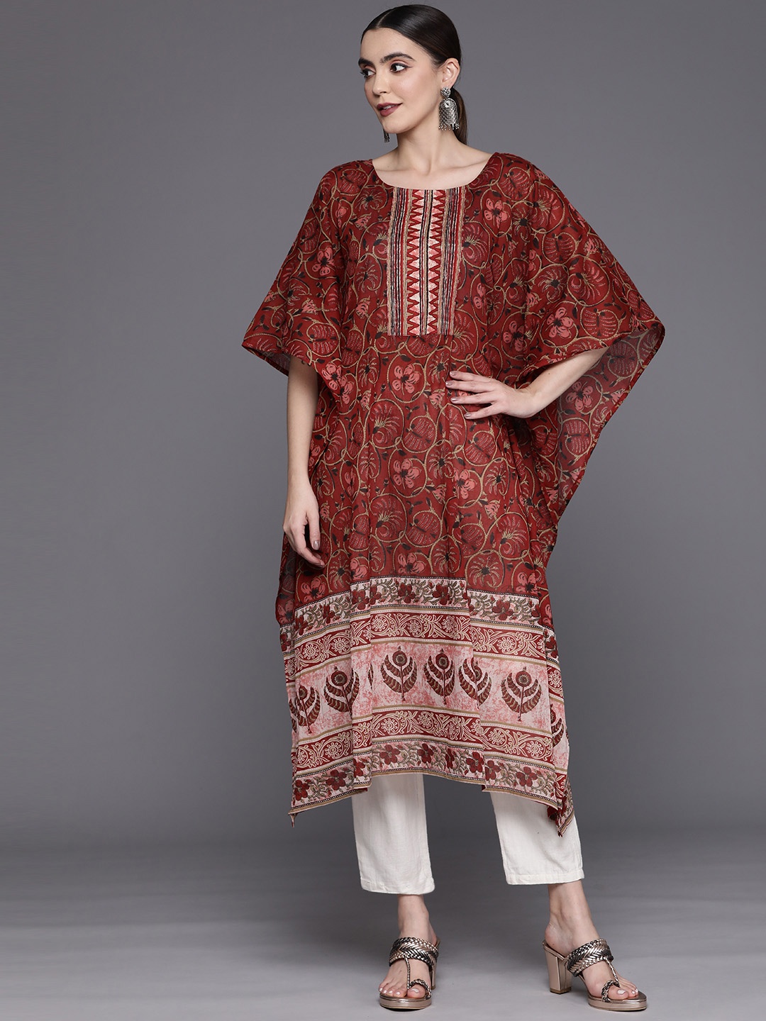 

Indo Era Women Ethnic Motifs Printed Kaftan Kurta, Maroon