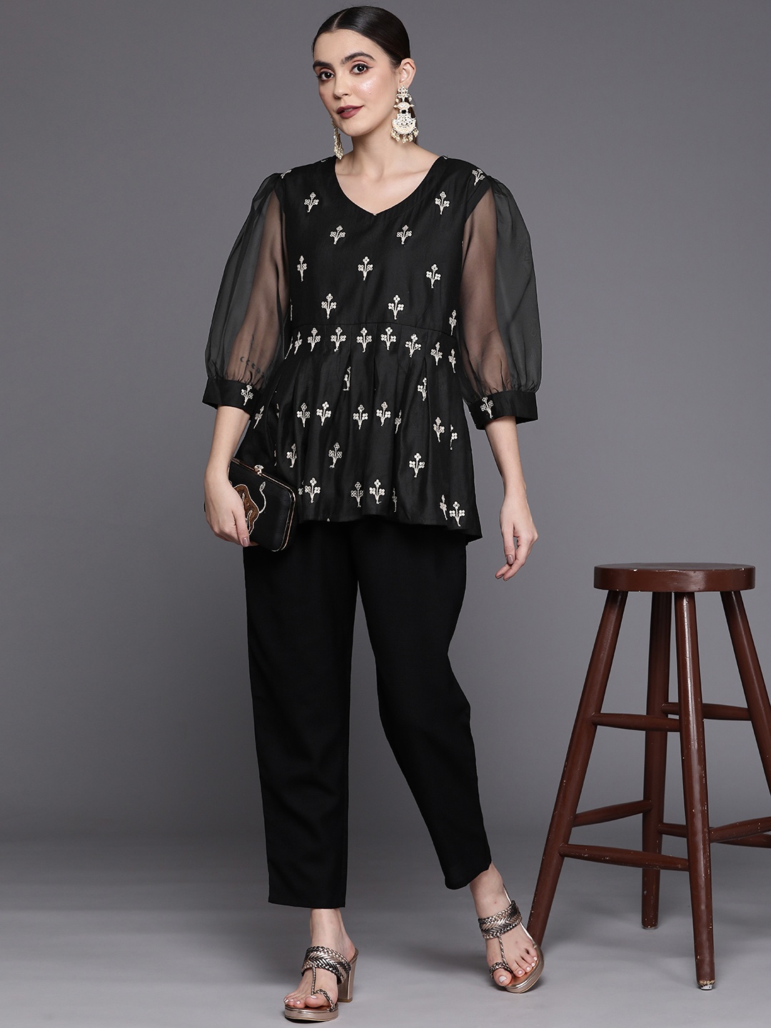 

Indo Era Ethnic Motifs Embroidered Sequined Liva A-Line Top, Black