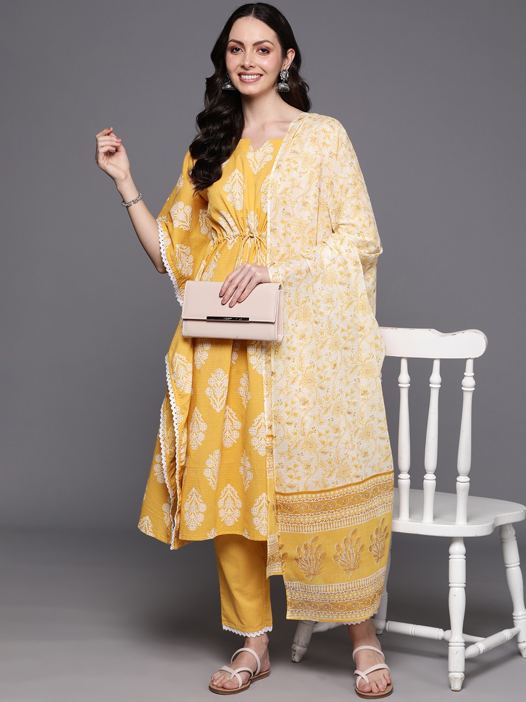 

Indo Era Floral Printed Kurta with Trousers & With Dupatta, Yellow