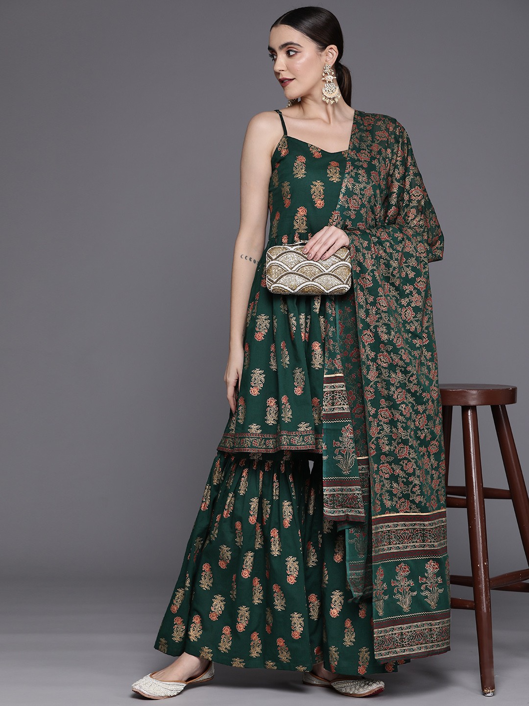 

Indo Era Women Ethnic Motifs Printed Empire Kurta with Sharara & With Dupatta, Green