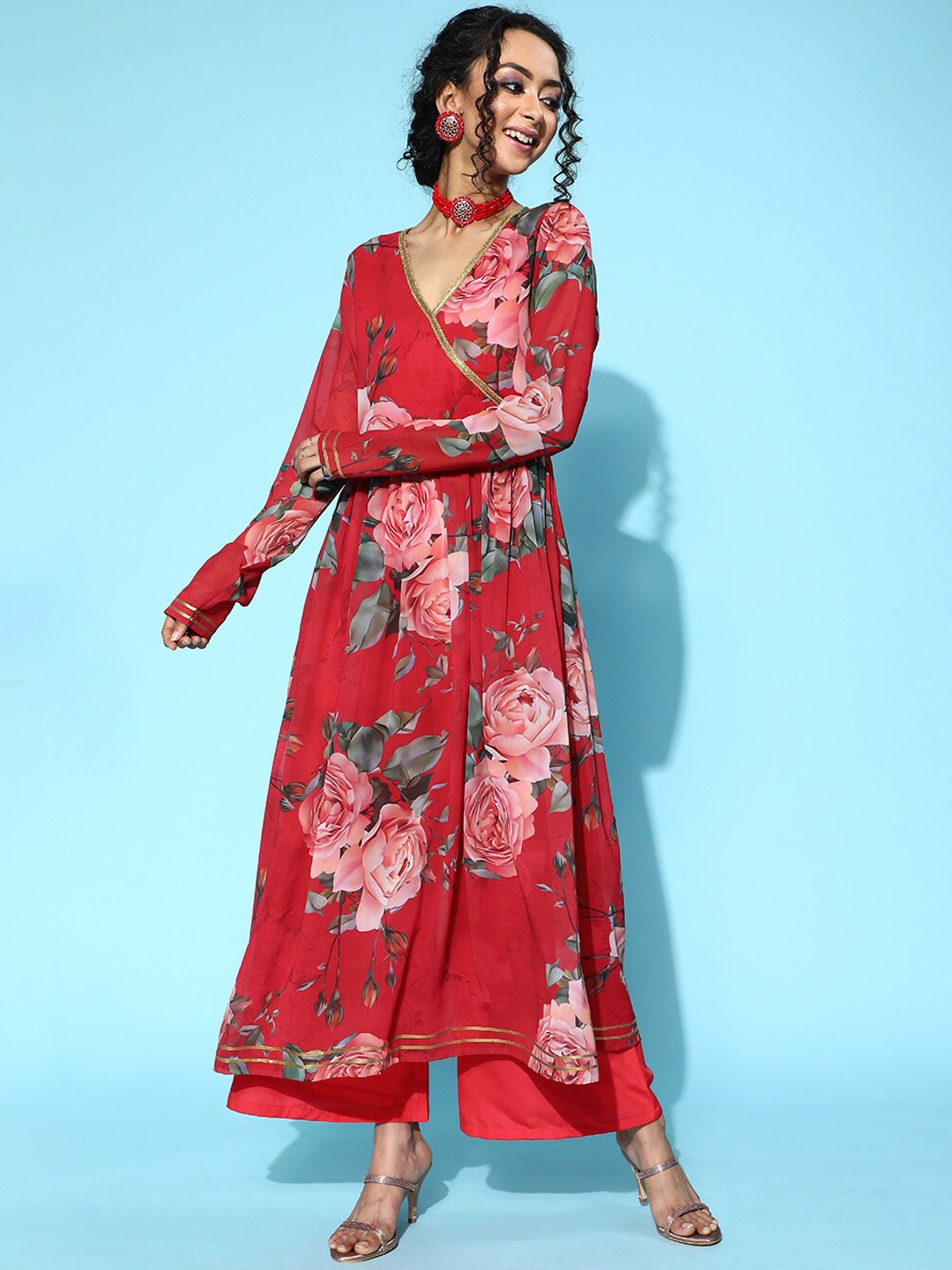 

Ahalyaa Floral Printed Angrakha Poly Georgette Kurta with Palazzos, Red