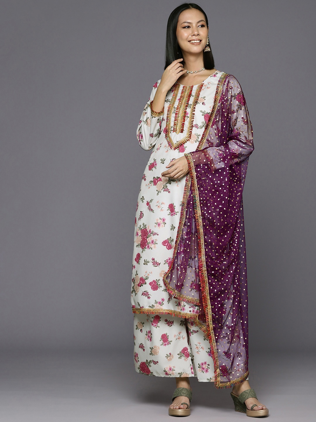

Ahalyaa Women Floral Printed Gotta Patti Kurta with Palazzos & With Dupatta, Beige