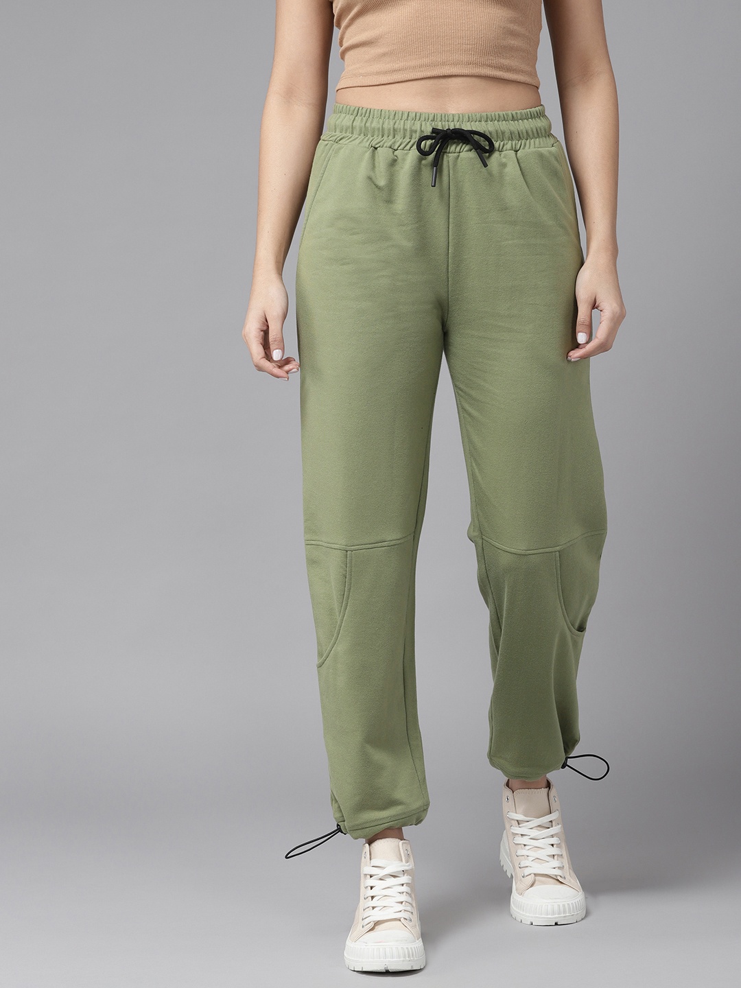 

Roadster Women Straight Fit Cropped Joggers With Toggle Hem, Olive