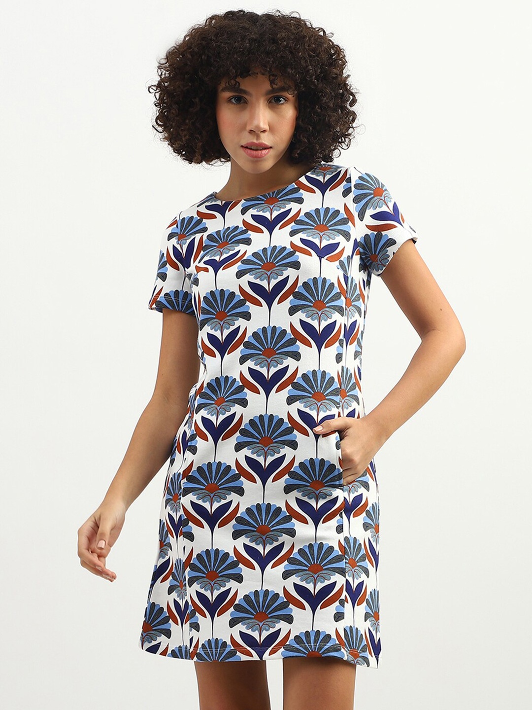 

United Colors of Benetton Tropical Printed A-Line Cotton Dress, White