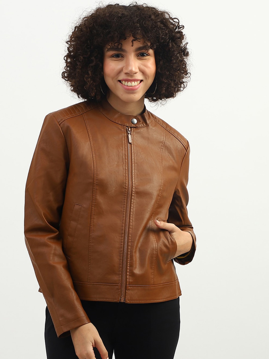 

United Colors of Benetton Women Solid Long Sleeves Biker Jacket, Brown