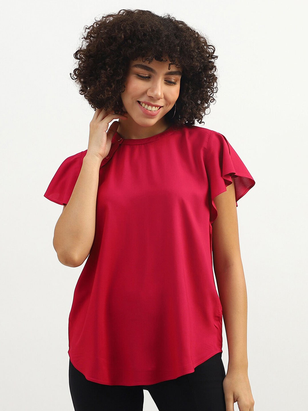 

United Colors of Benetton High Neck Flared Sleeved Top, Magenta