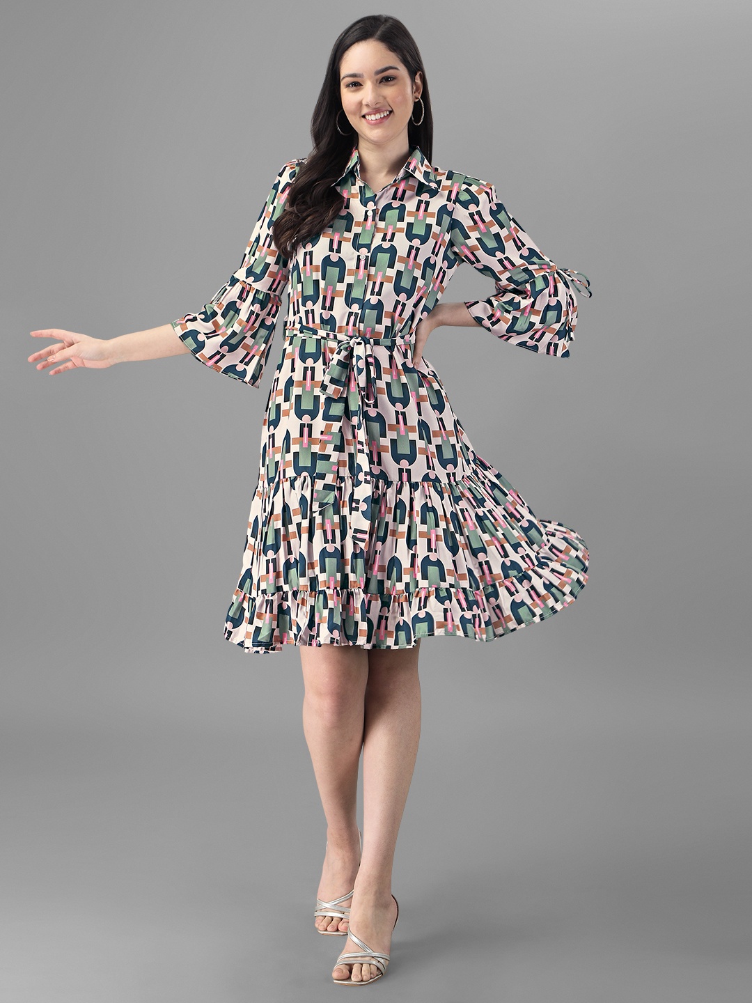 

Masakali.Co Geometric Print Fit & Flare Shirt Collar Dress, Off white