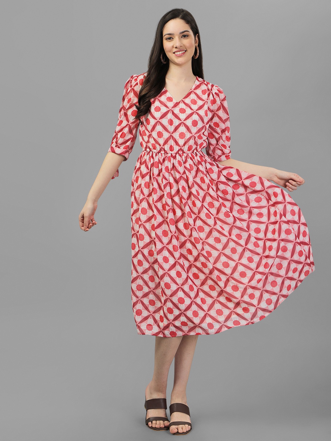 

Masakali.Co V Neck Fit And Flare Midi Dress, Pink