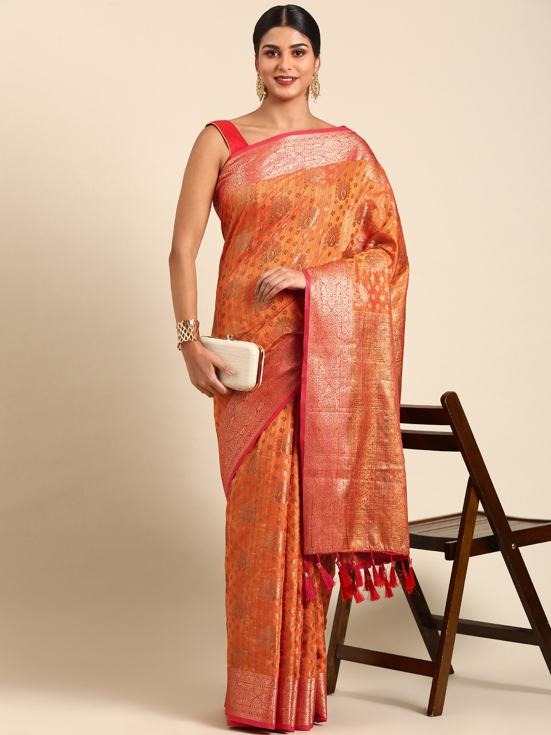 

Anouk Ethnic Motifs Zari Silk Blend Kanjeevaram Saree, Orange