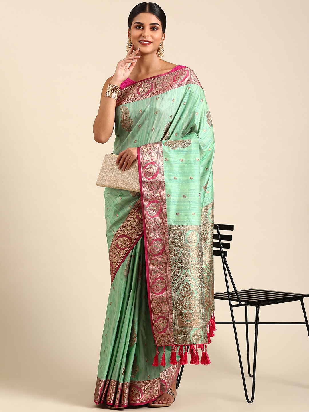 

Anouk Ethnic Motifs Zari Silk Blend Saree, Sea green