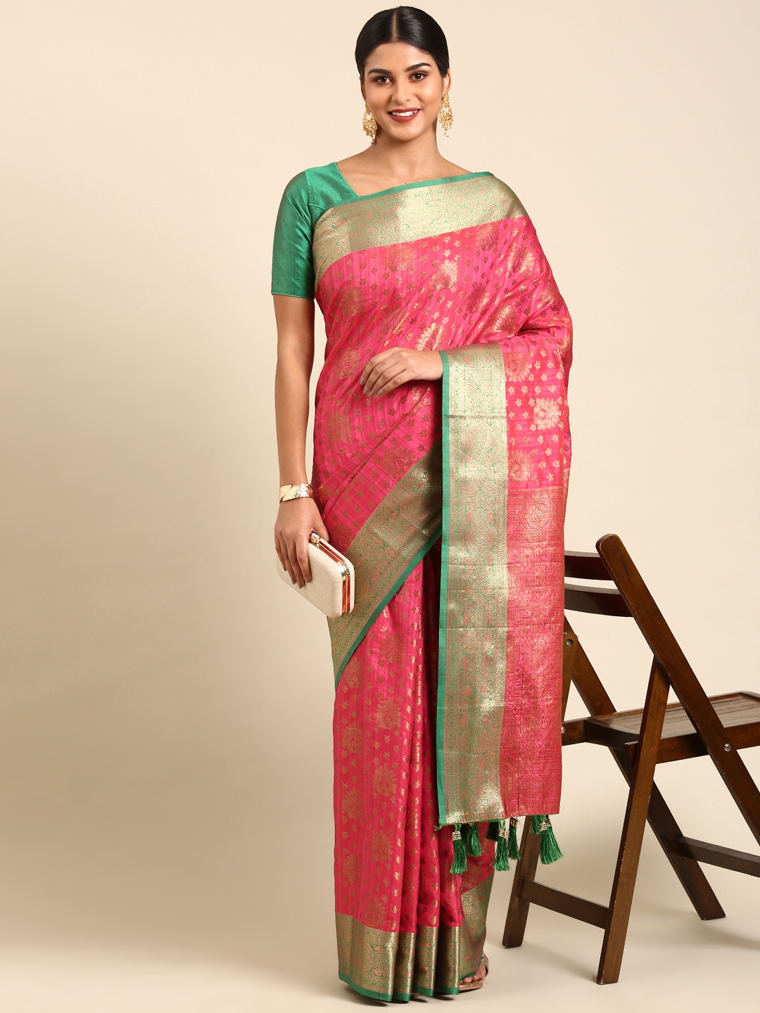 

Anouk Ethnic Motifs Zari Silk Blend Kanjeevaram Saree, Fuchsia