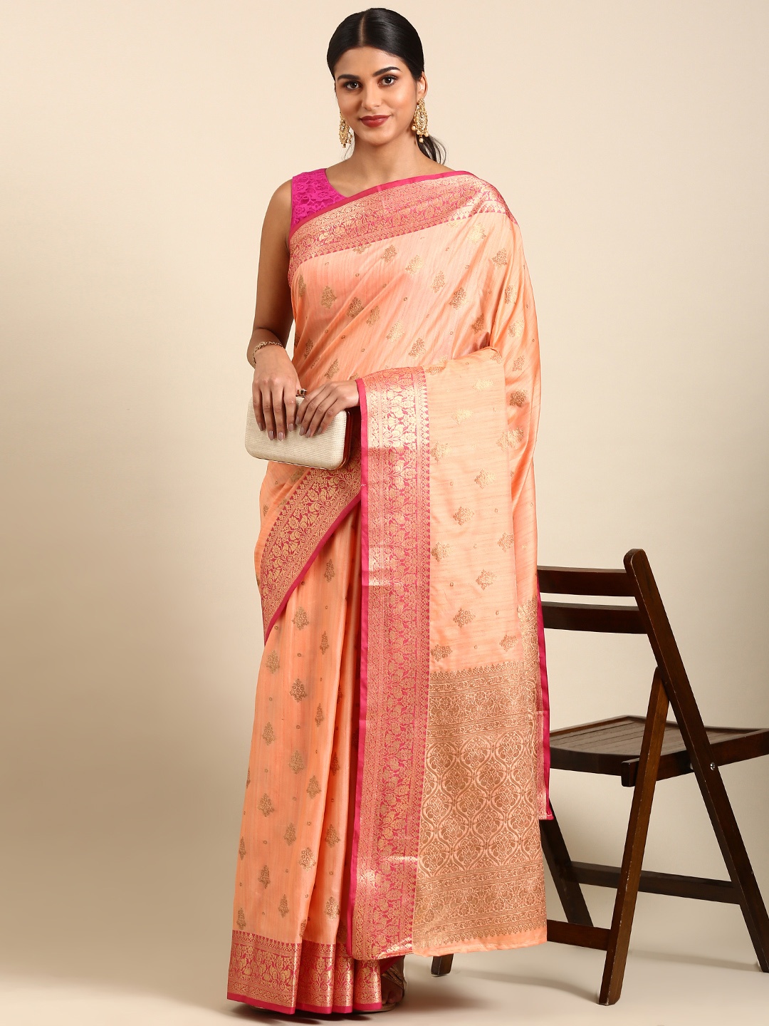 

Anouk Ethnic Motifs Zari Silk Blend Saree, Peach