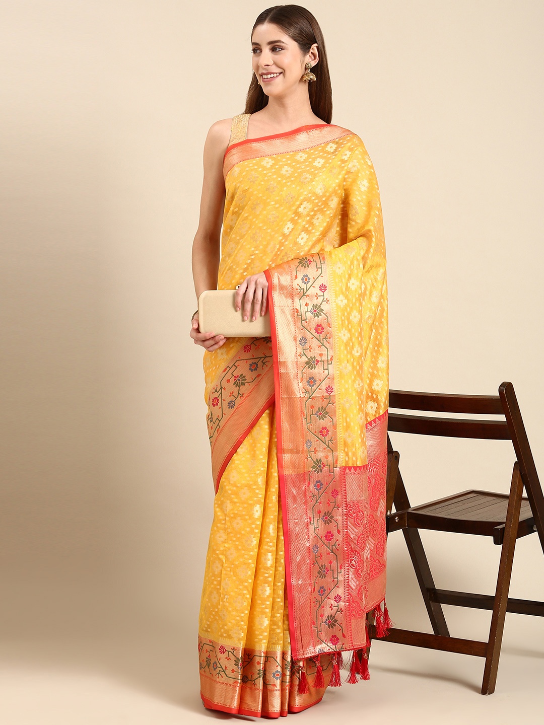 

Anouk Geometric Zari Chanderi Saree, Yellow