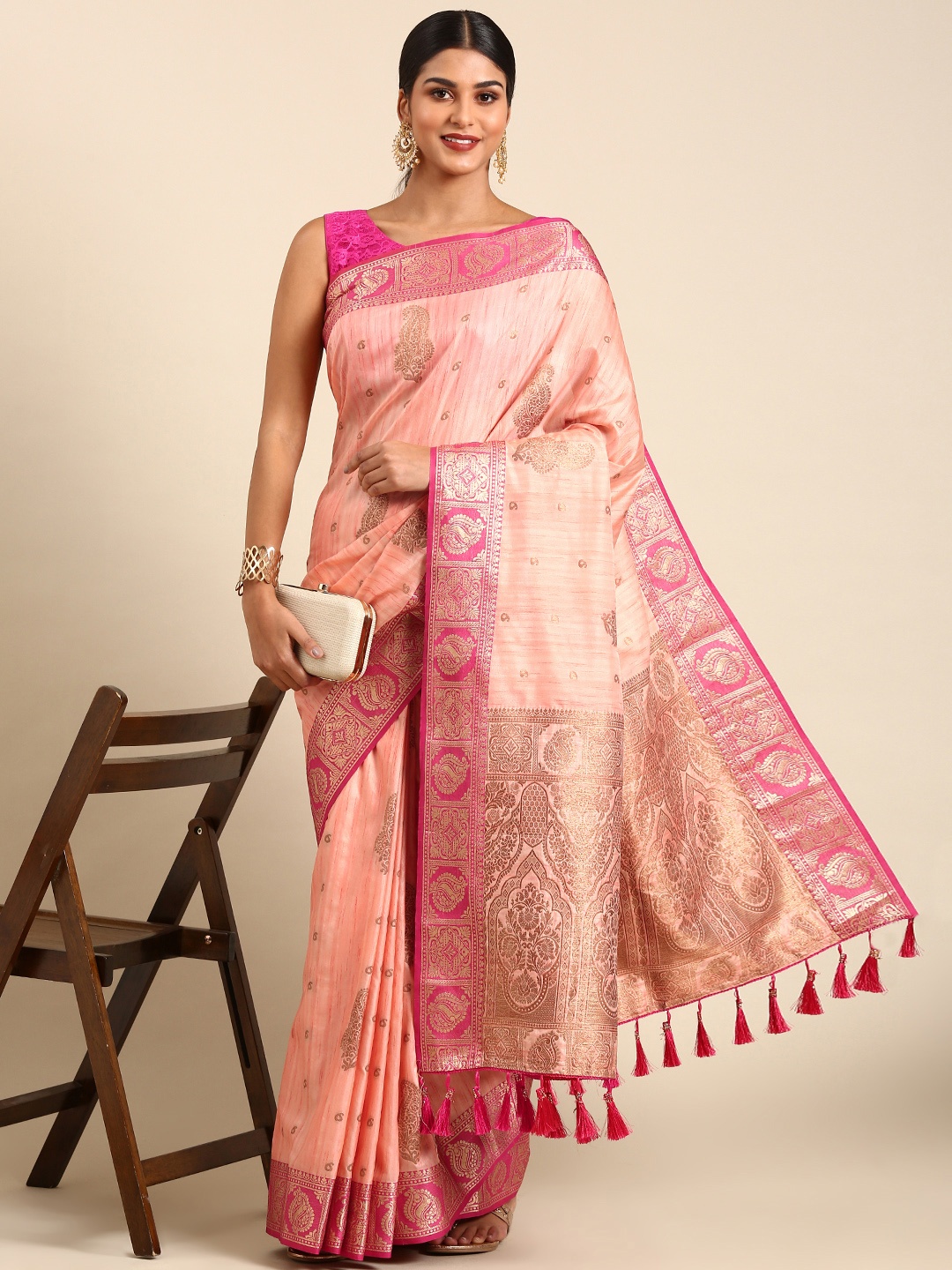 

Anouk Ethnic Motifs Zari Silk Blend Saree, Peach
