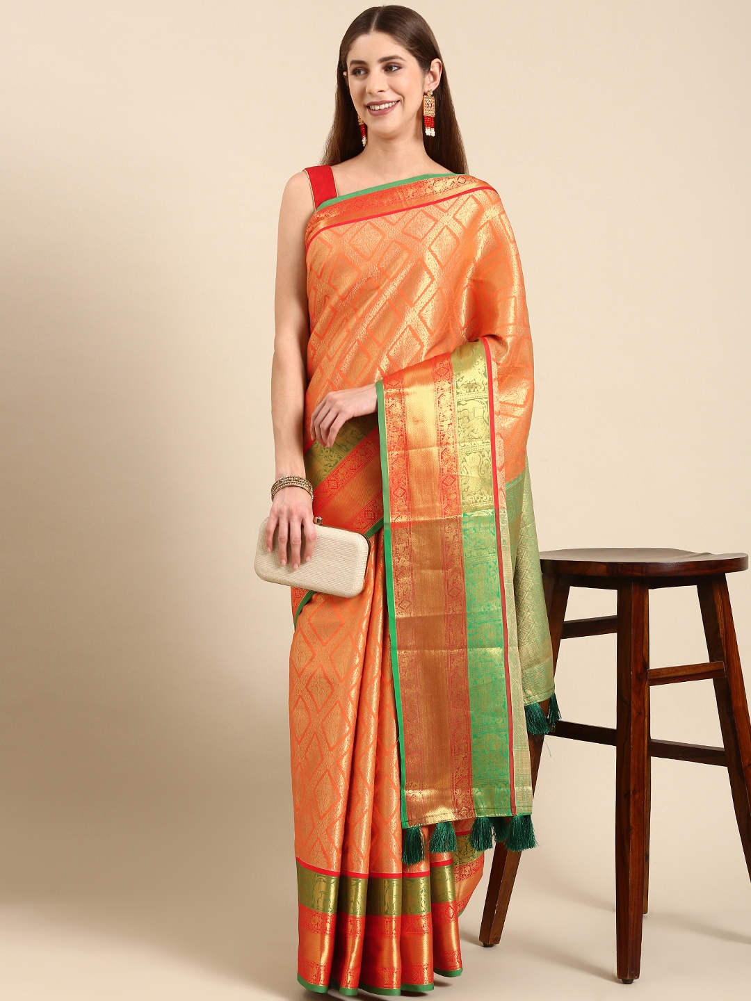

Anouk Geometric Zari Silk Blend Kanjeevaram Saree, Orange