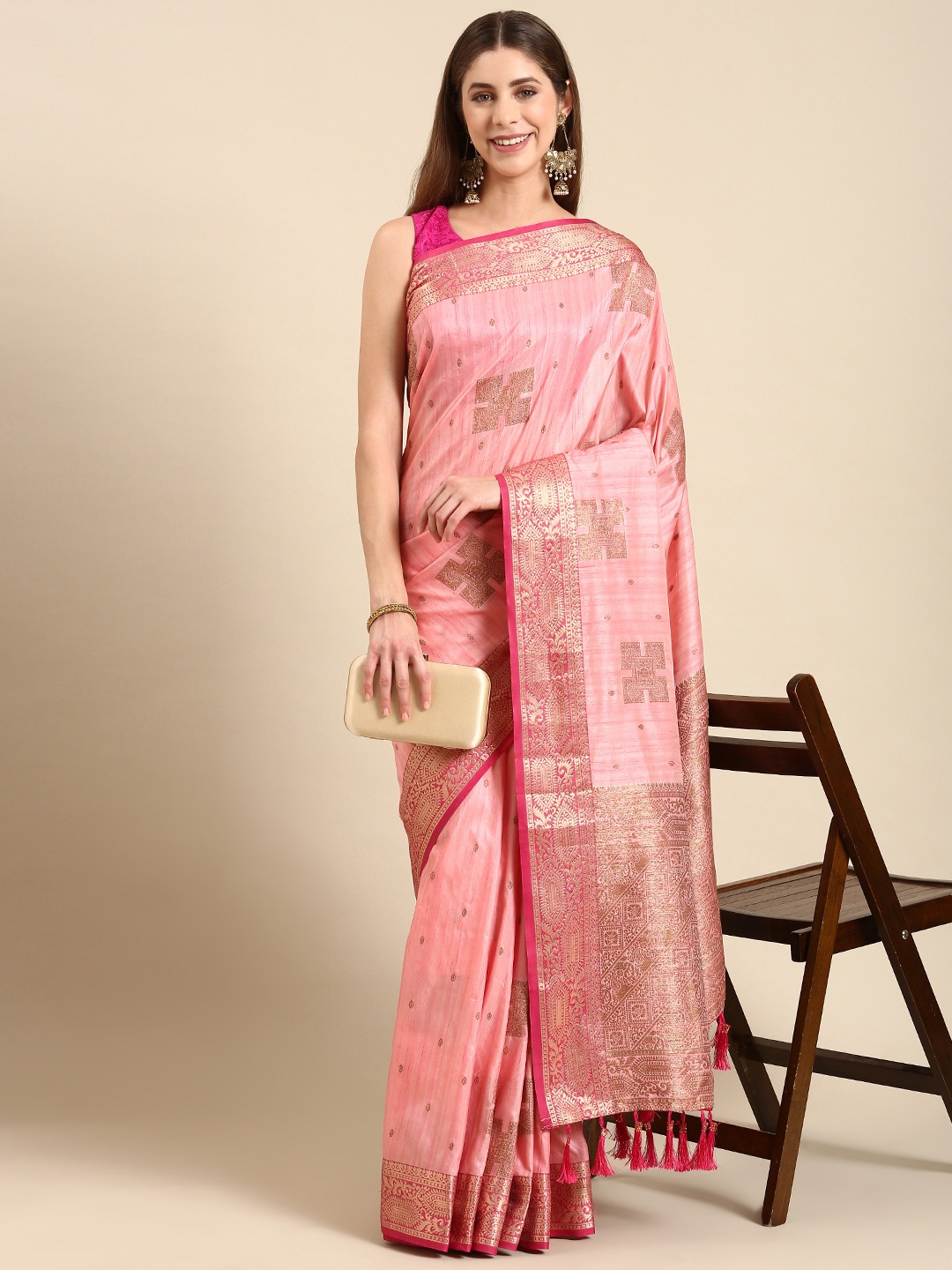 

Anouk Geometric Zari Silk Blend Saree, Pink