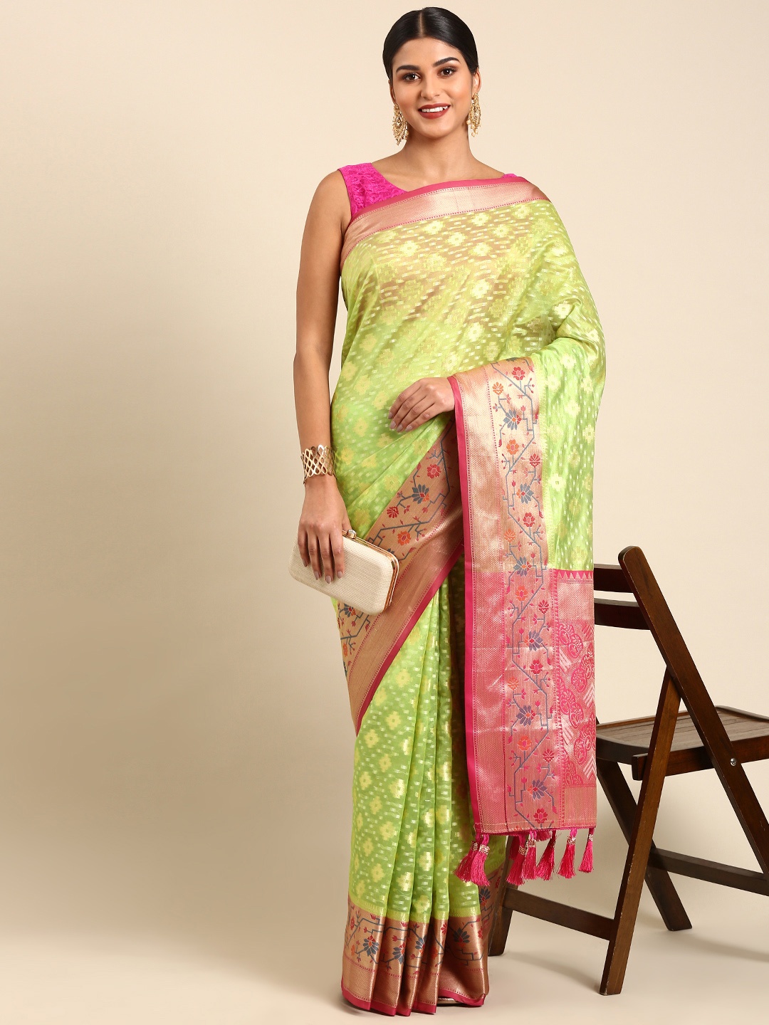 

Anouk Ethnic Motifs Zari Chanderi Saree, Lime green