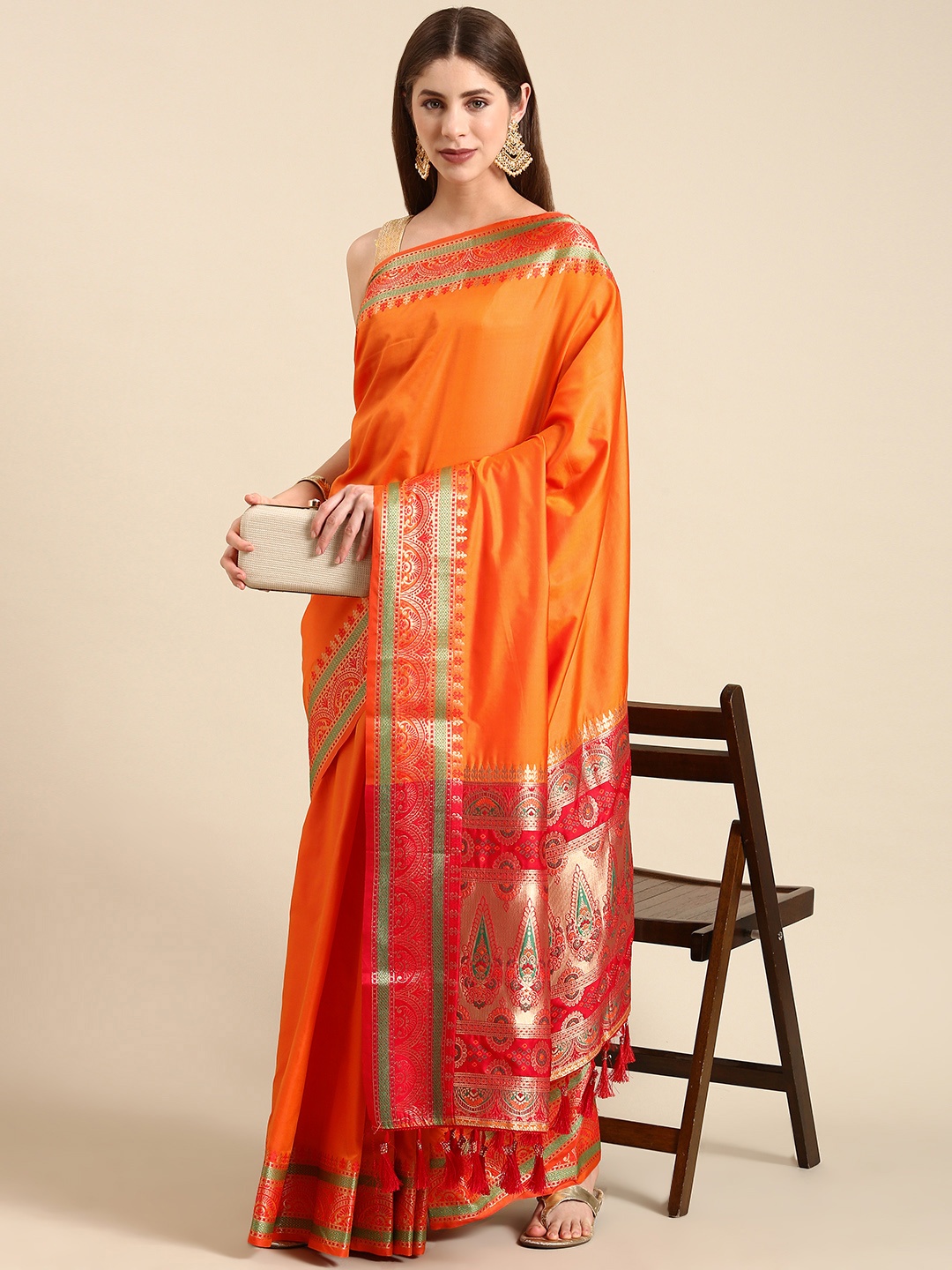 

Anouk Solid Zari Silk Blend Saree, Orange