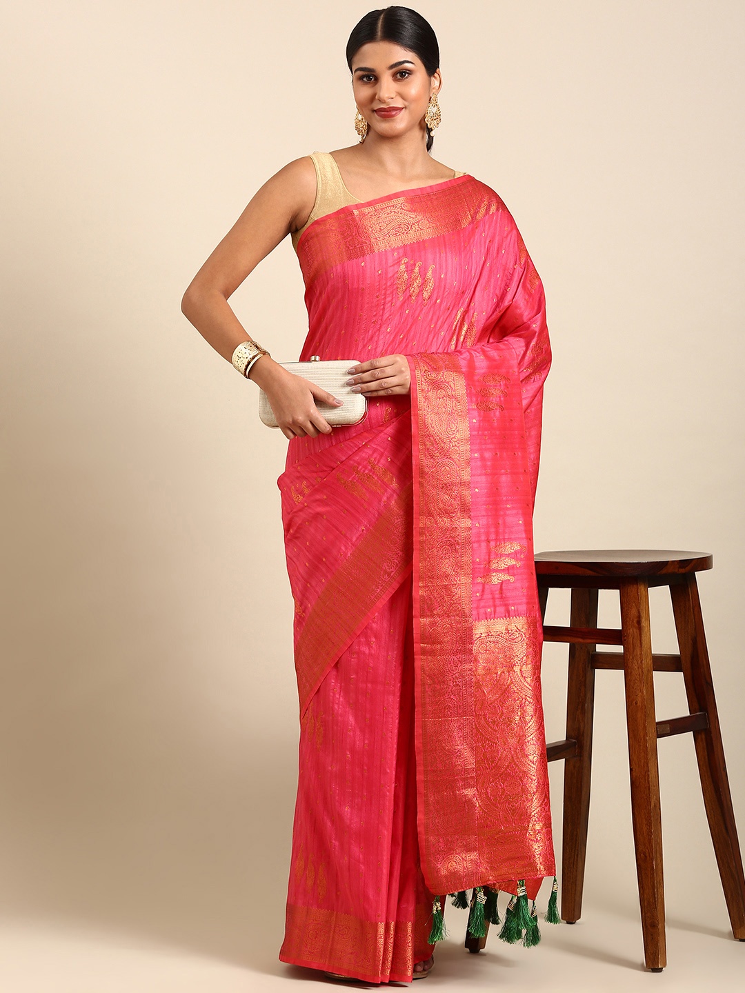 

Anouk Ethnic Motifs Zari Silk Blend Saree, Fuchsia