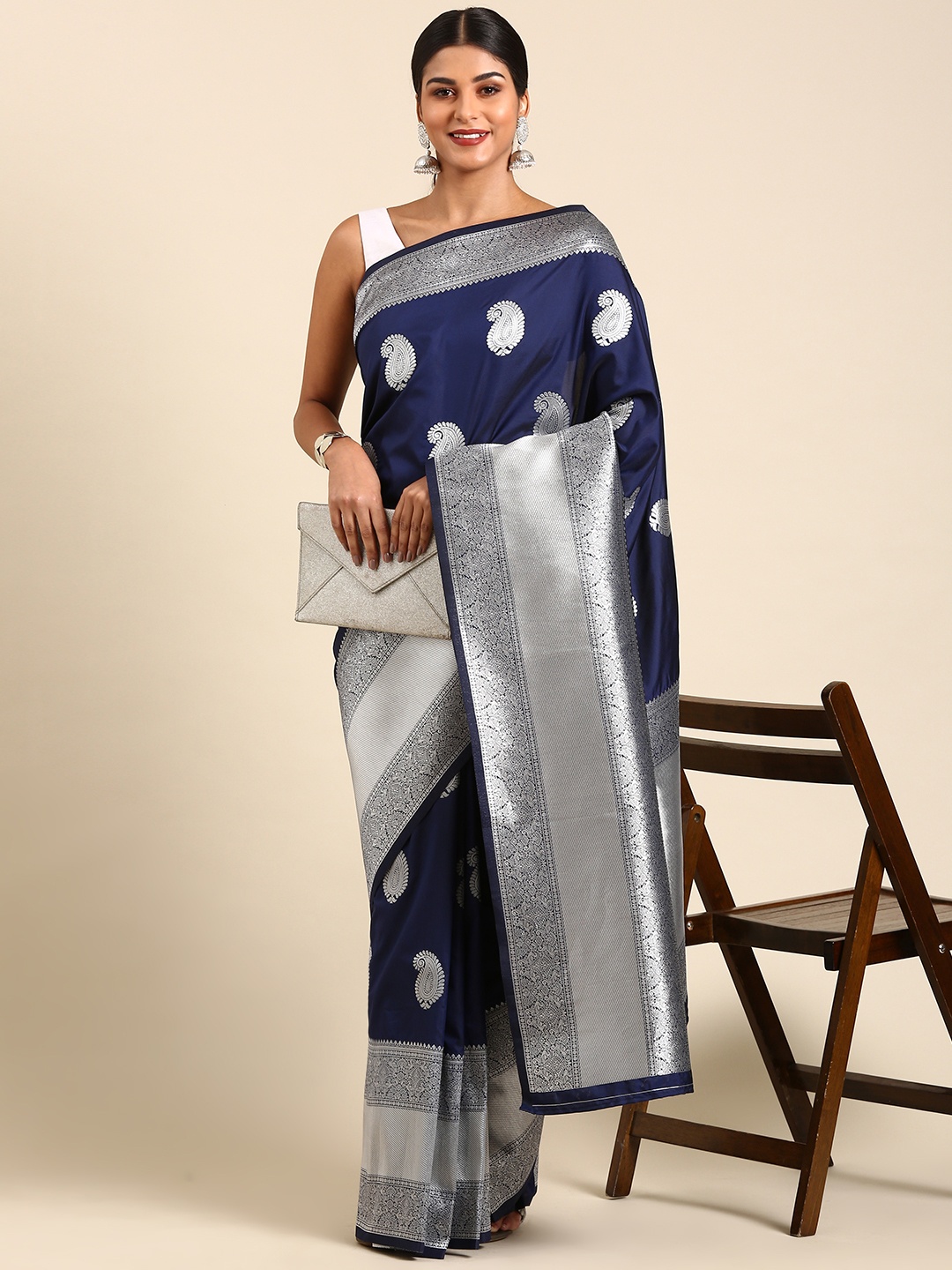 

Anouk Paisley Zari Silk Blend Saree, Navy blue
