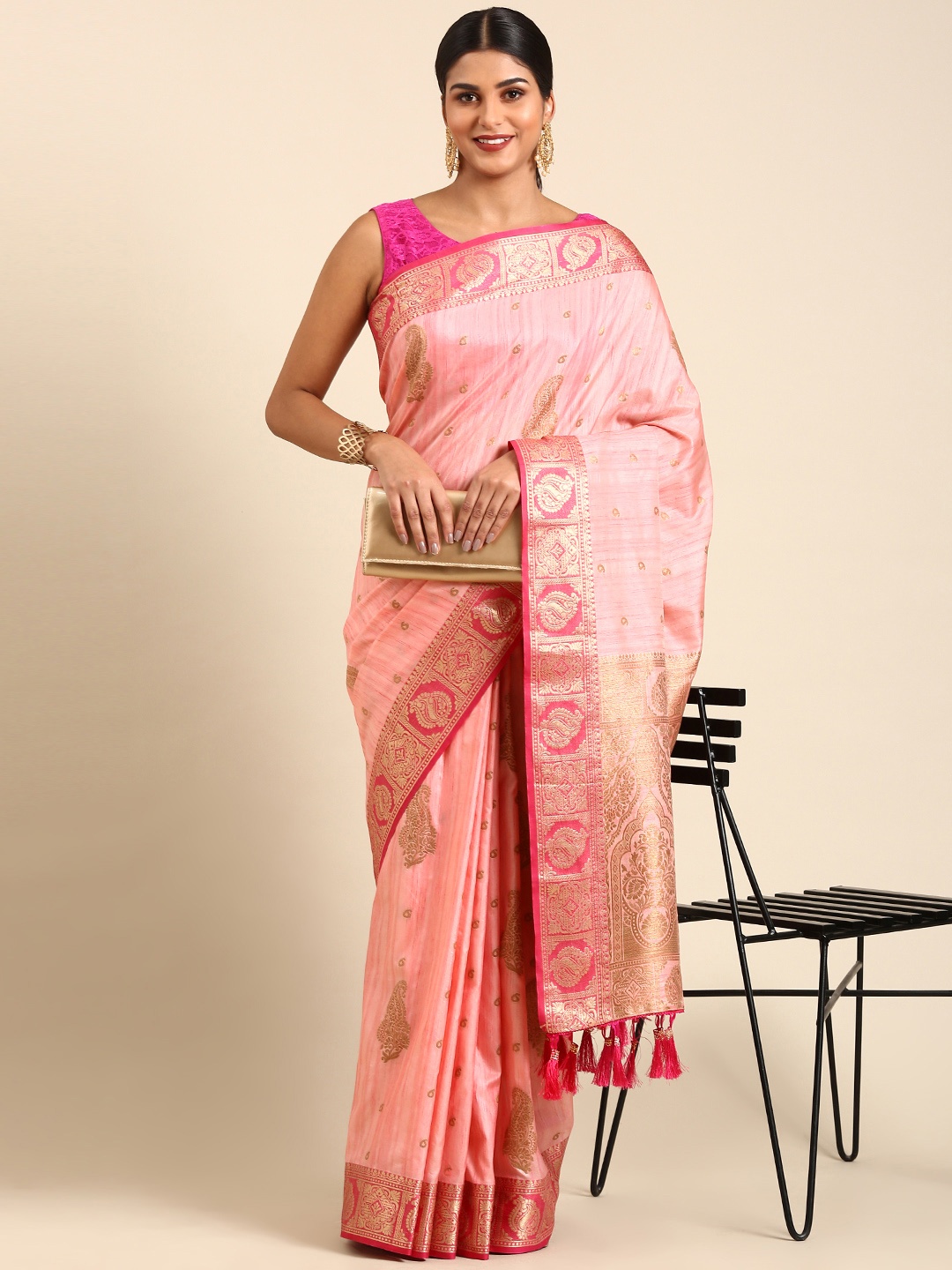 

Anouk Ethnic Motifs Zari Silk Blend Saree, Pink