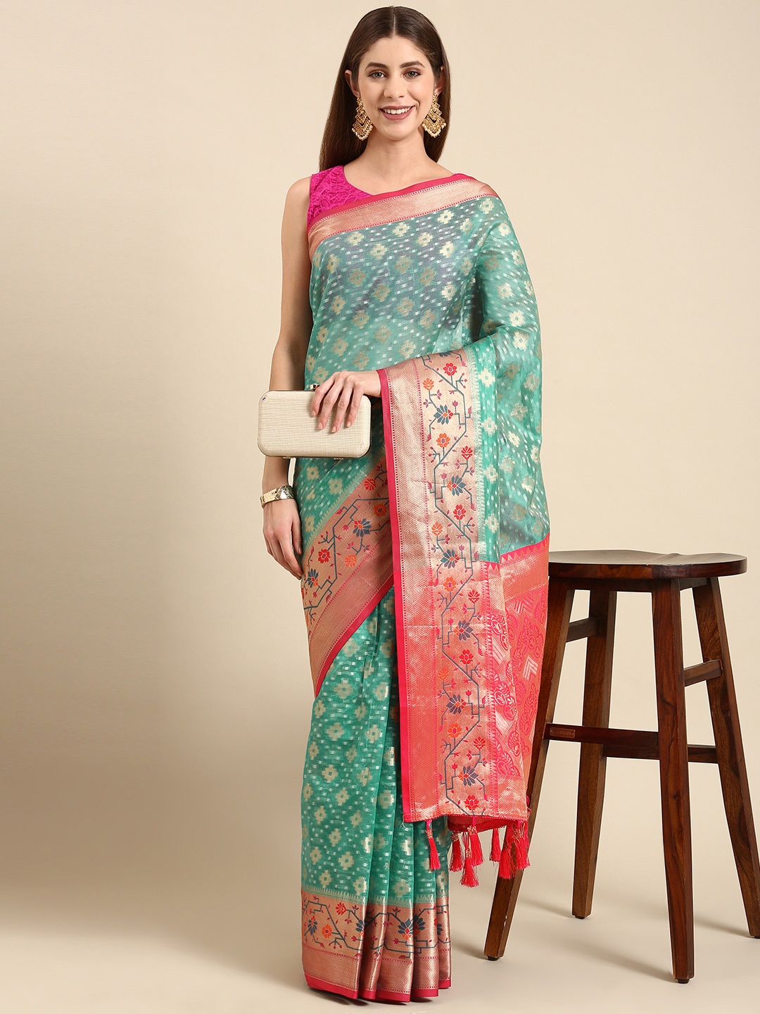 

Anouk Geometric Zari Chanderi Saree, Turquoise blue