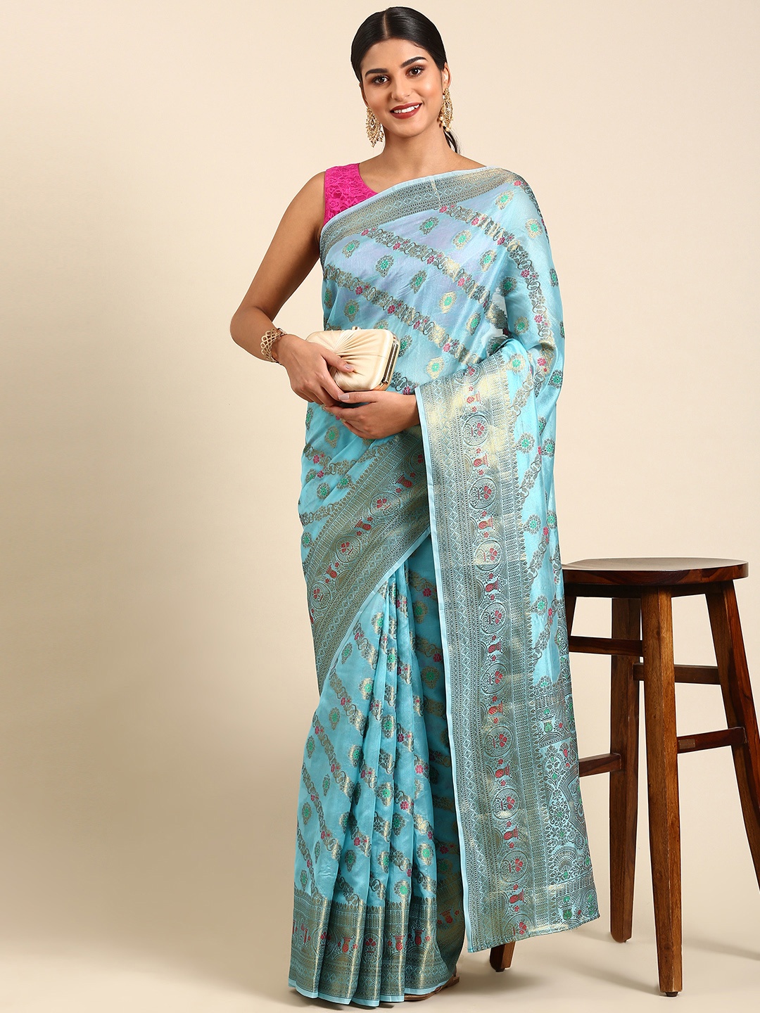 

Anouk Ethnic Motifs Zari Chanderi Saree, Turquoise blue