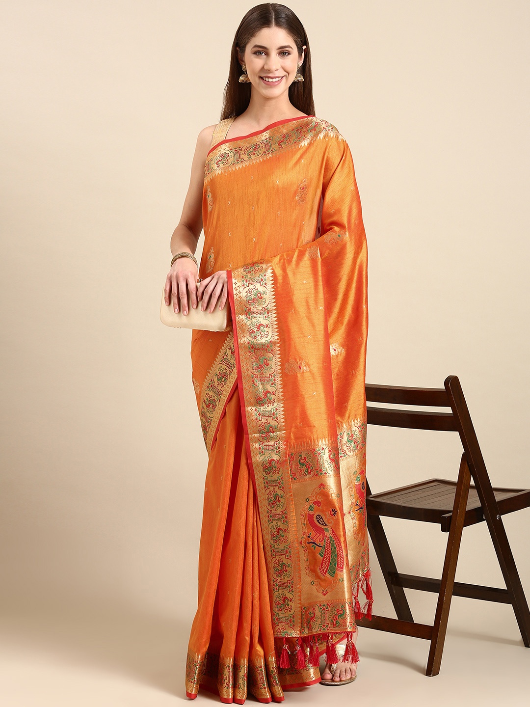 

Anouk Ethnic Motifs Zari Silk Blend Saree, Orange
