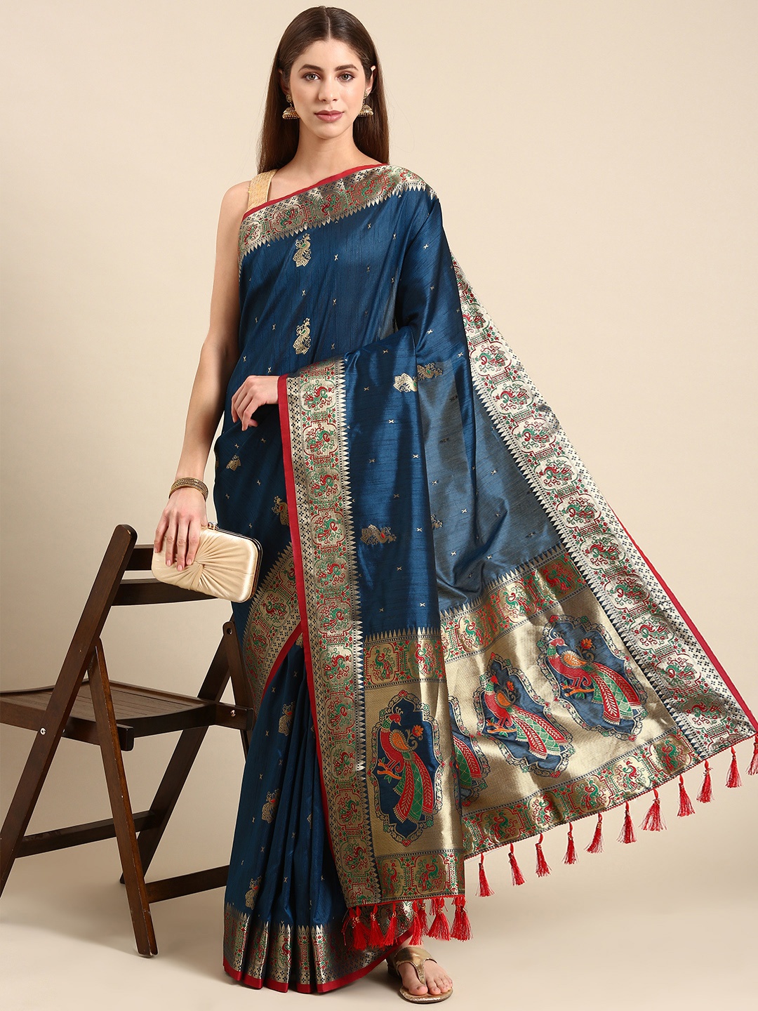 

Anouk Navy Ethnic Motifs Zari Silk Blend Saree, Navy blue