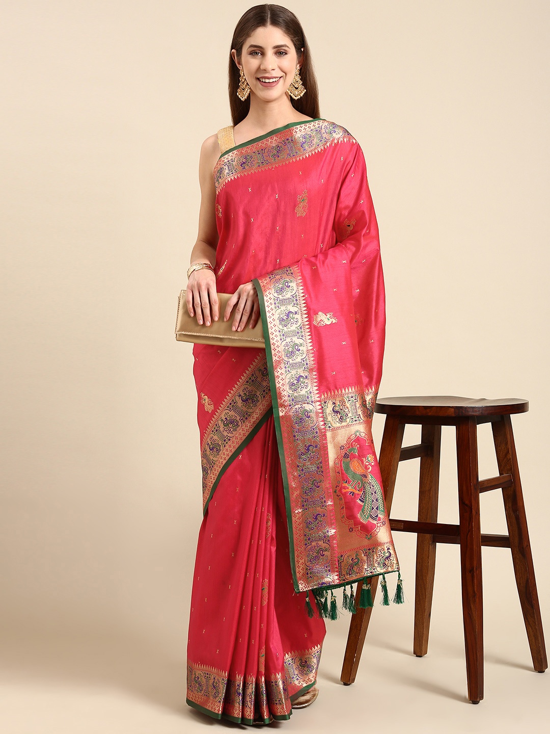 

Anouk Ethnic Motifs Zari Silk Blend Saree, Fuchsia