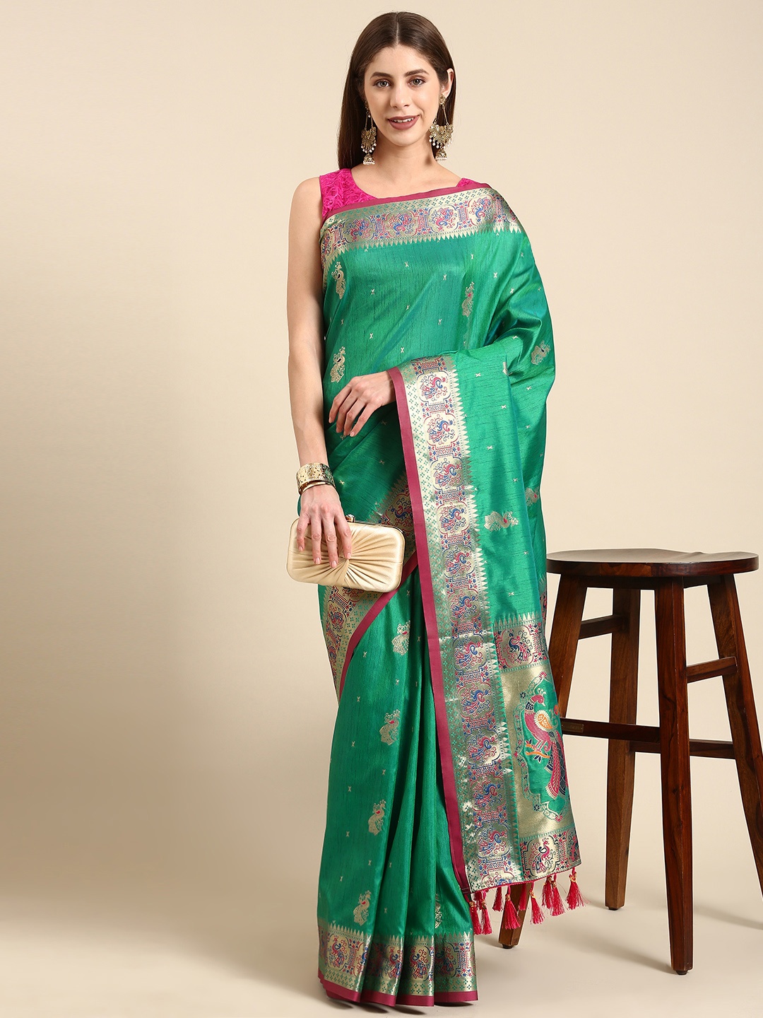 

Anouk Ethnic Motifs Zari Silk Blend Saree, Sea green