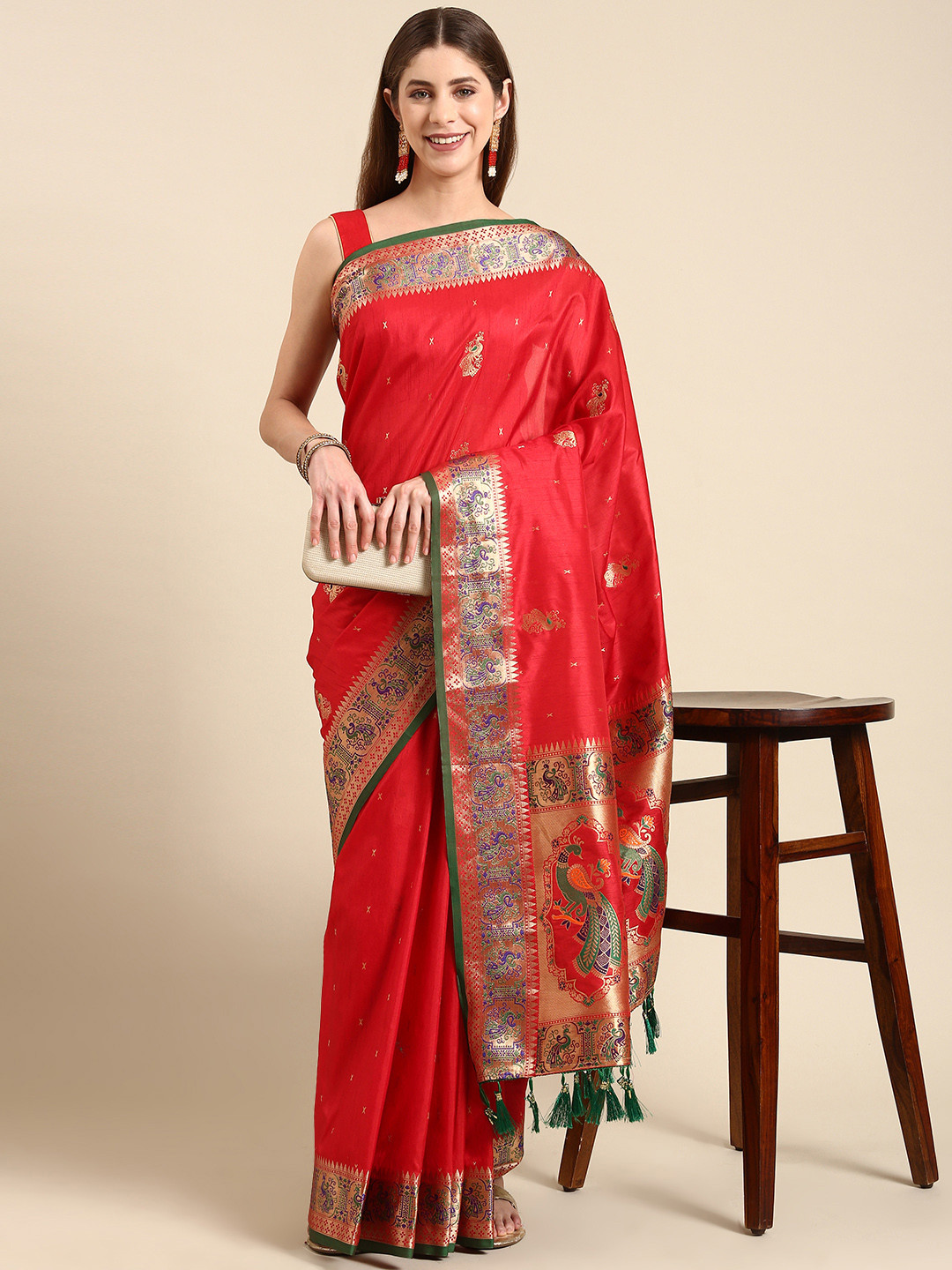 

Anouk Ethnic Motifs Zari Silk Blend Saree, Red