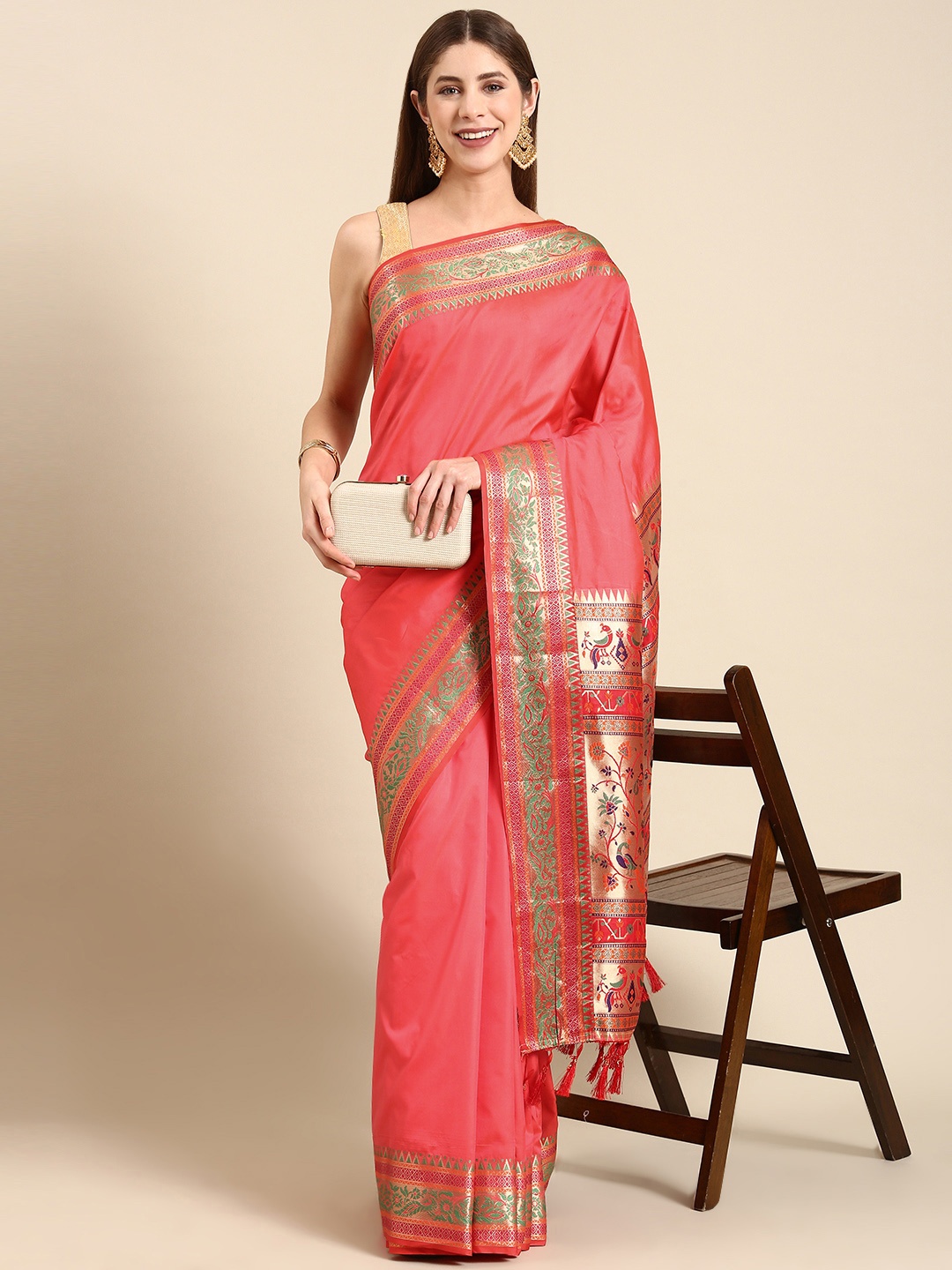 

Anouk Ethnic Motifs Zari Silk Blend Saree, Coral